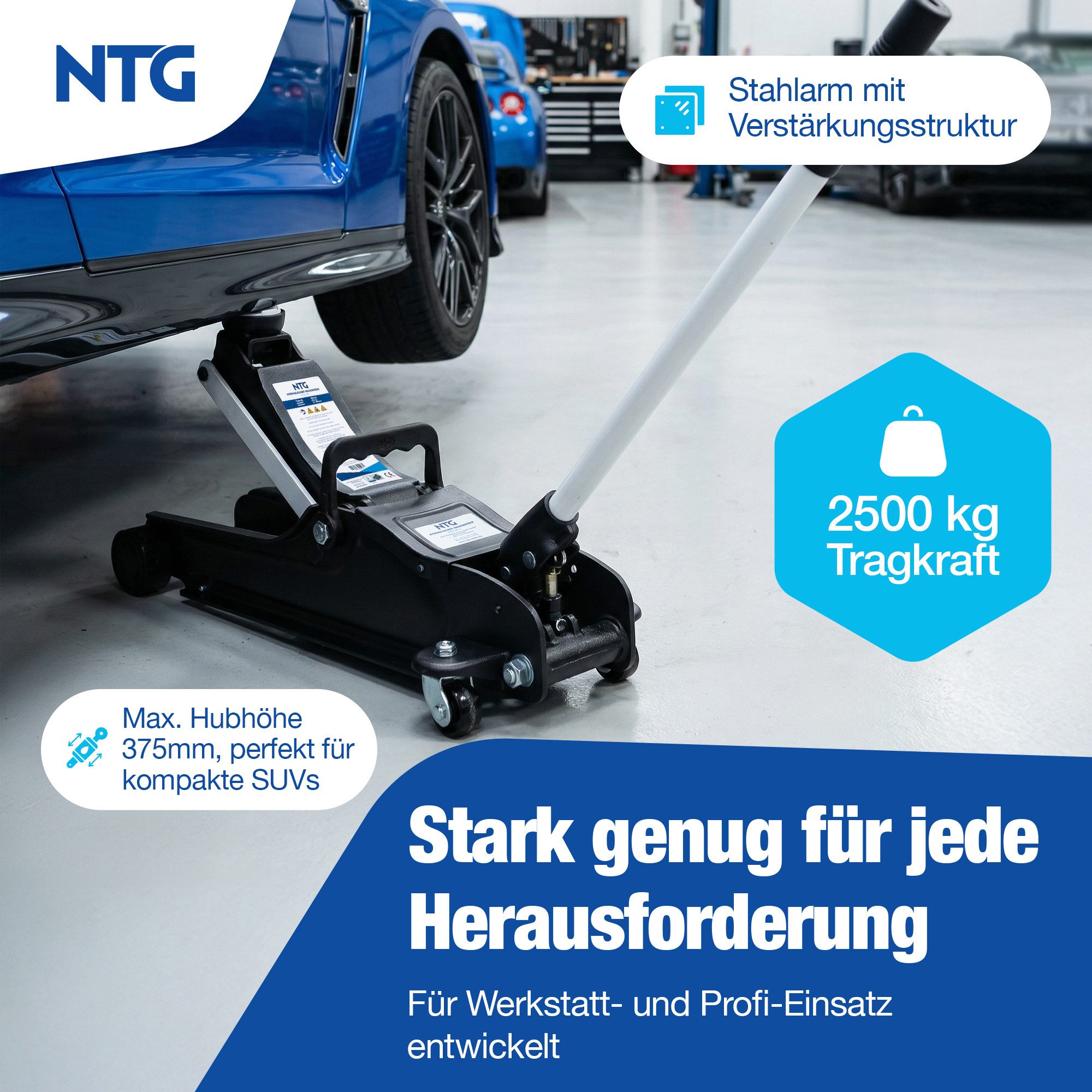 NTG Nutzfahrzeug Technik GmbH Wagenheber 2,5t Flach 85-375mm Rangierwagenheber TÜV Zertifiziert, max. Hubhöhe: 37.5 cm, Lowliner Wagenheber