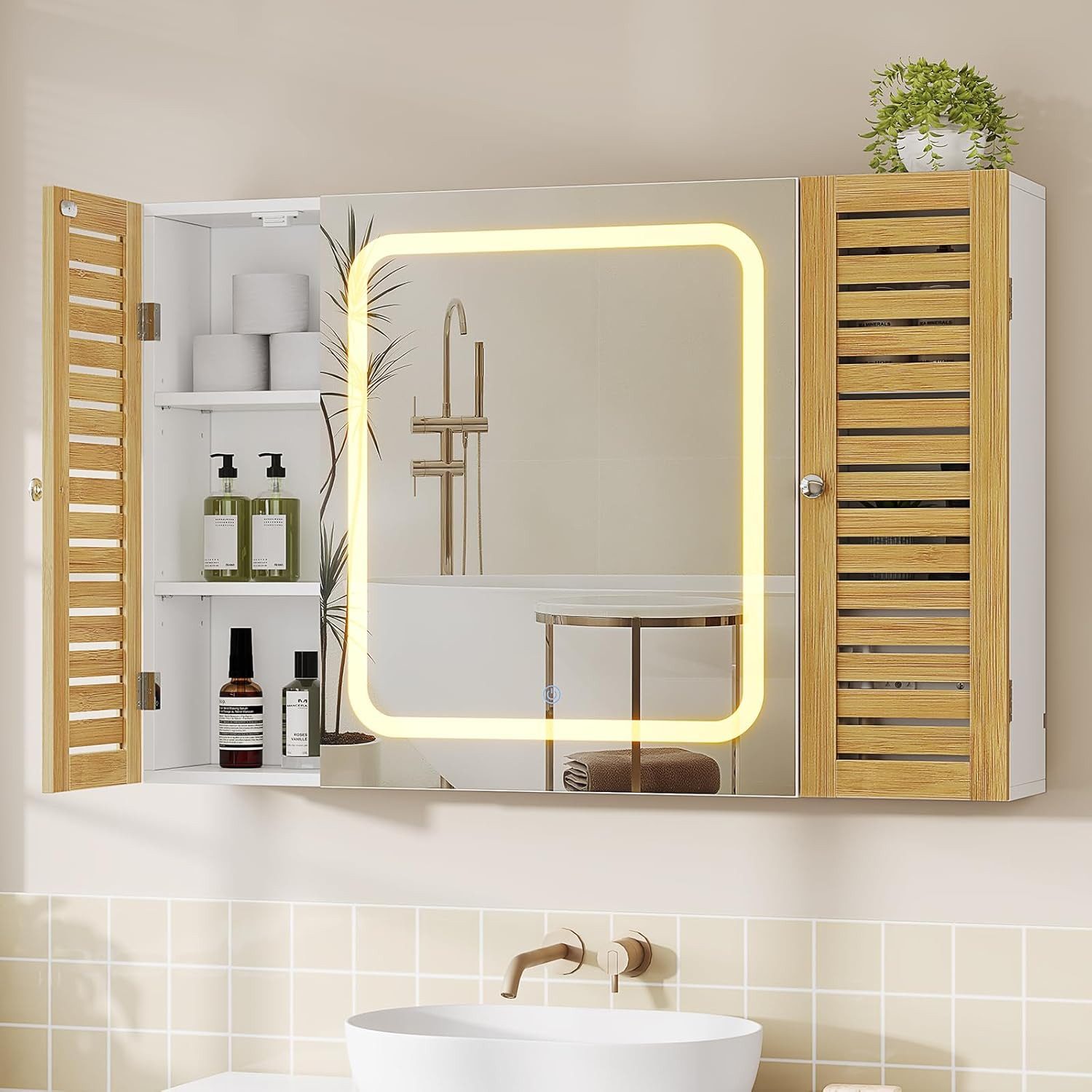 MSMASK Spiegelschrank mit LED-Beleuchtung und Steckdose, Badezimmerschrank (1-St) mit 2 Bambustür & Verstellbarer Ablage, 90×16×60 cm