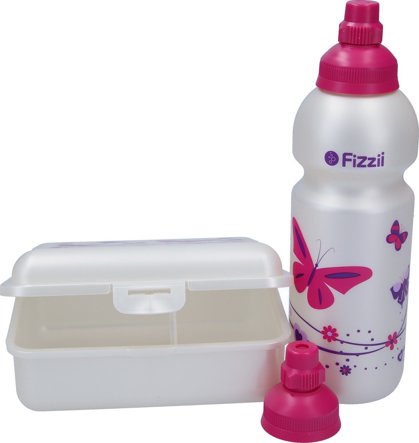 Fizzii Lunchbox Fizzii Trinkflasche 600ml Set, Trinkverschluss und Brotdose & extra Weltraum mit 3-er Schmetterling Trennfach