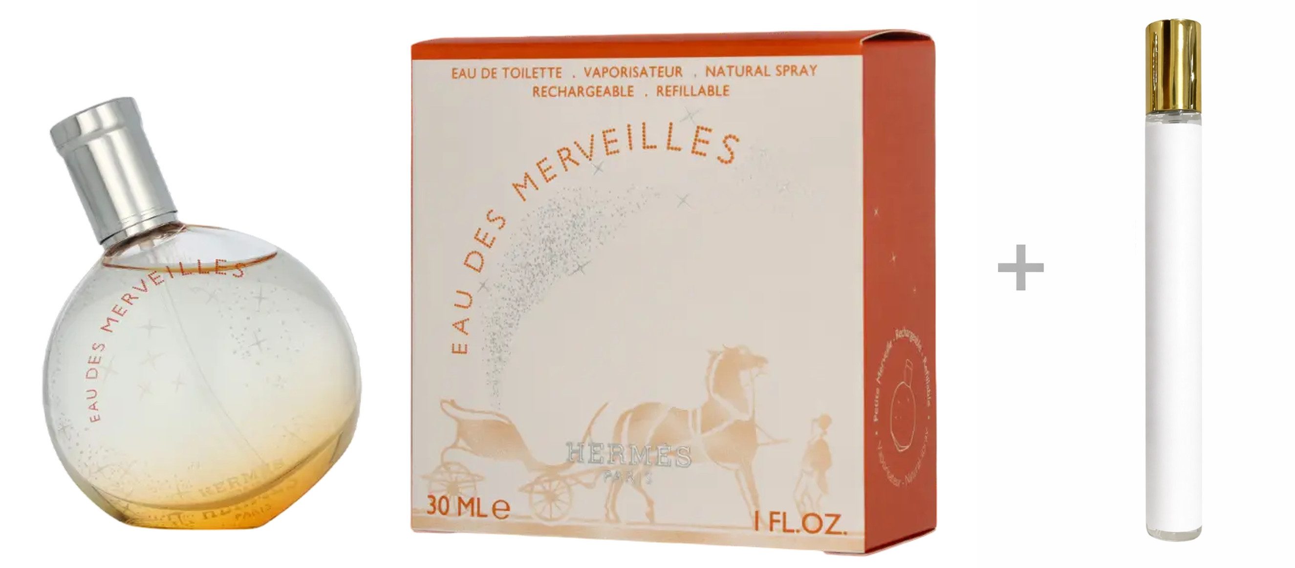 HERMÈS Duft-Set Eau des Merveilles Eau de Toilette (EDT) Damen Spray, Holzig-orientalischer Duft mit Orange und Zedernholz - mit Reiseduft