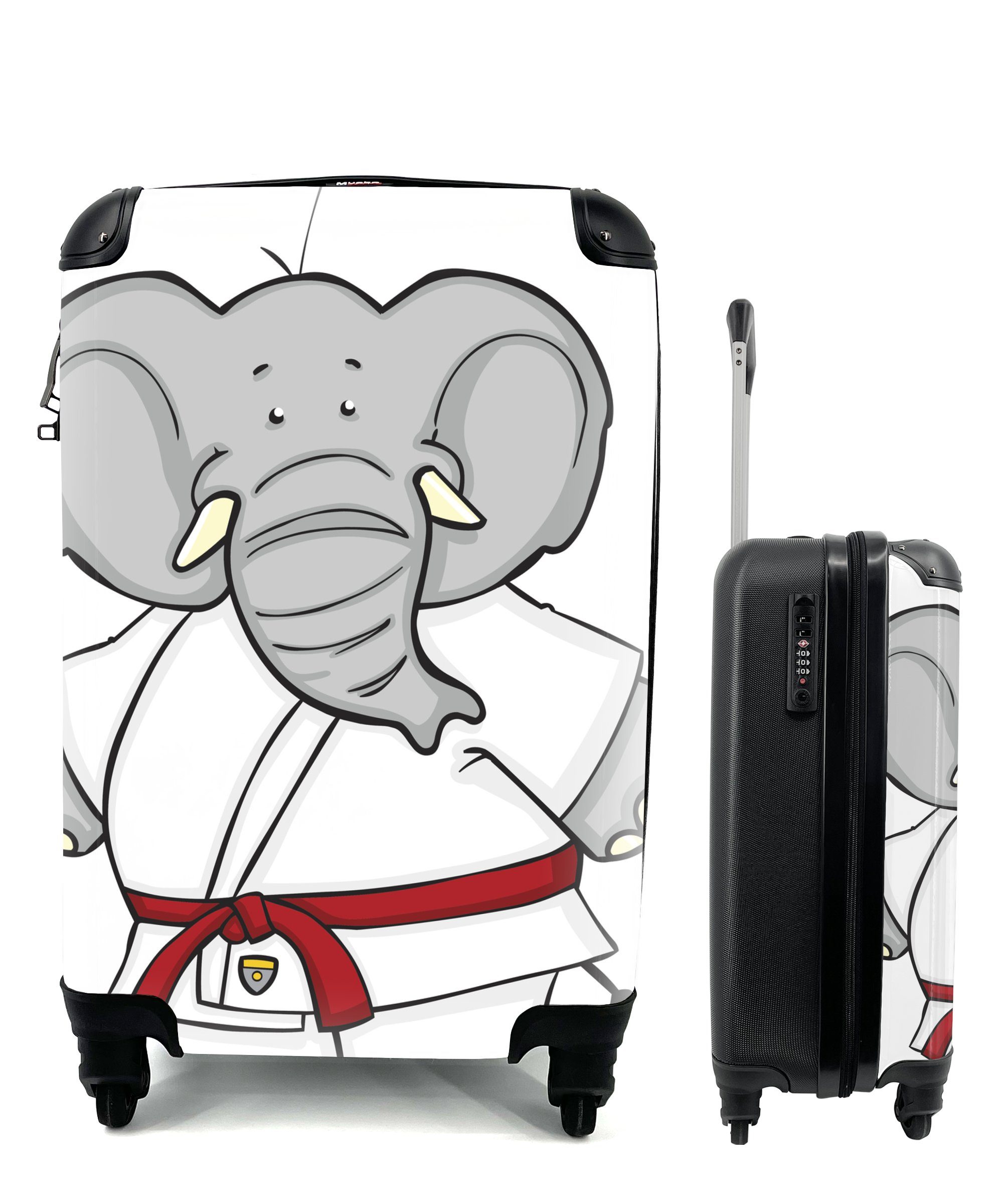 MuchoWow Handgepäckkoffer Eine Illustration eines Elefanten in Judokleidung, 4 Rollen, Reisetasche mit rollen, Handgepäck für Ferien, Trolley, Reisekoffer