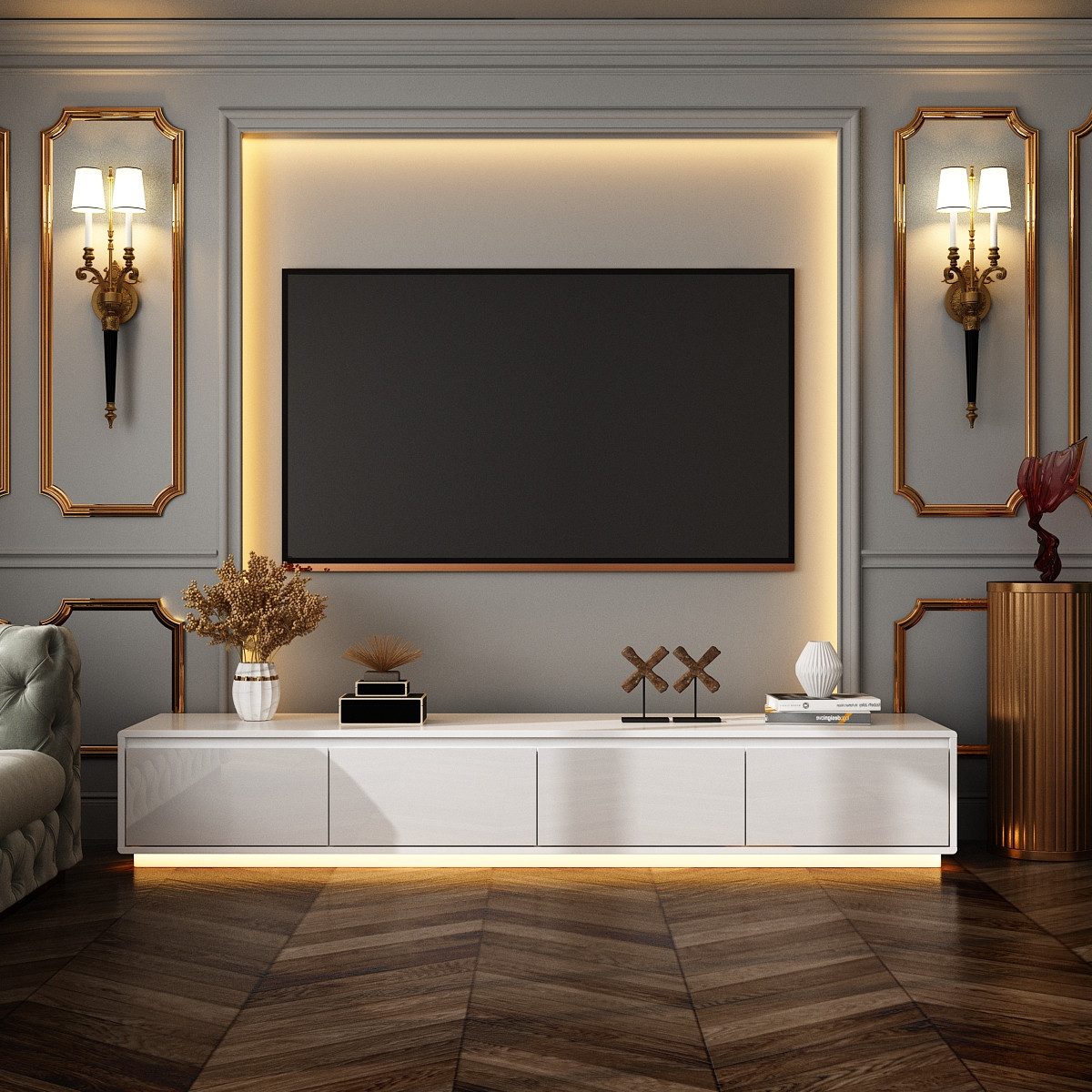 FUFU&GAGA Lowboard mit 4 Schubladen, mit Beleuchtung 3 Farbe, 180 x 30 x 40 günstig online kaufen