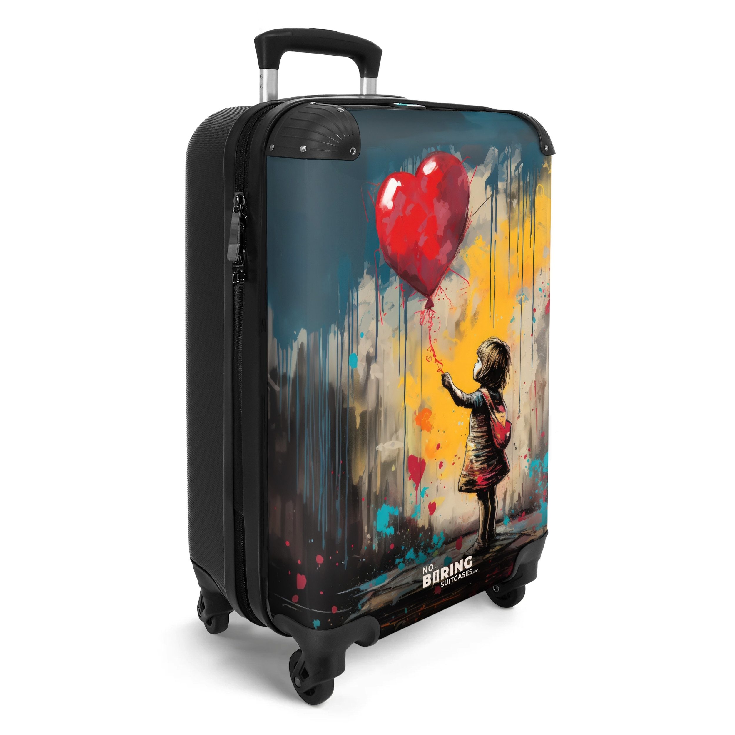 NoBoringSuitcases.com© Hartschalen-Trolley Mädchen mit Luftballon im Graffiti-Stil 55x35x20cm, 4 Rollen, Reisetasche mit Rollen, Koffer Handgepäck Flugzeug