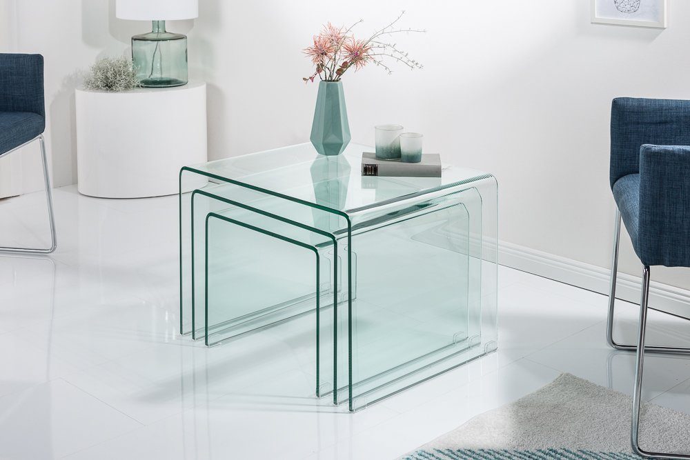 transparent Wohnzimmer · · Glas Couchtisch (Set, · eckig 60cm Design riess-ambiente Modern FANTOME 3-St),