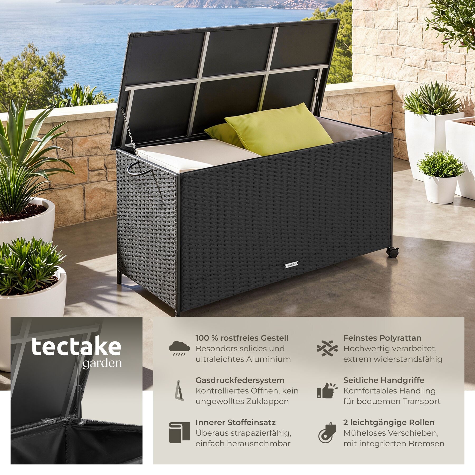 tectake Gartenbox Aluminium Auflagenbox mit Rattangeflecht, 116 x 54 x 64 cm (Kissenbox Kuusamo, in schwarz, 253 L), Griffschlaufe und 2 drehbare Rollen mit Feststellbremse, Hubautomatik