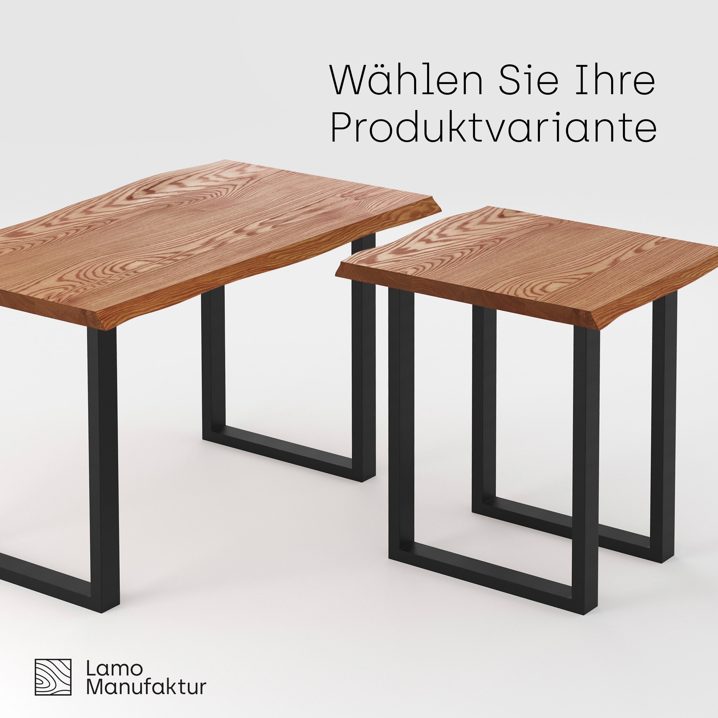 Manufaktur massiv Tisch), LAMO Metallgestell Esstisch Massivholz Dunkel Loft inkl. | (1 mit Baumkante Klarlack Baumkantentisch Rohstahl