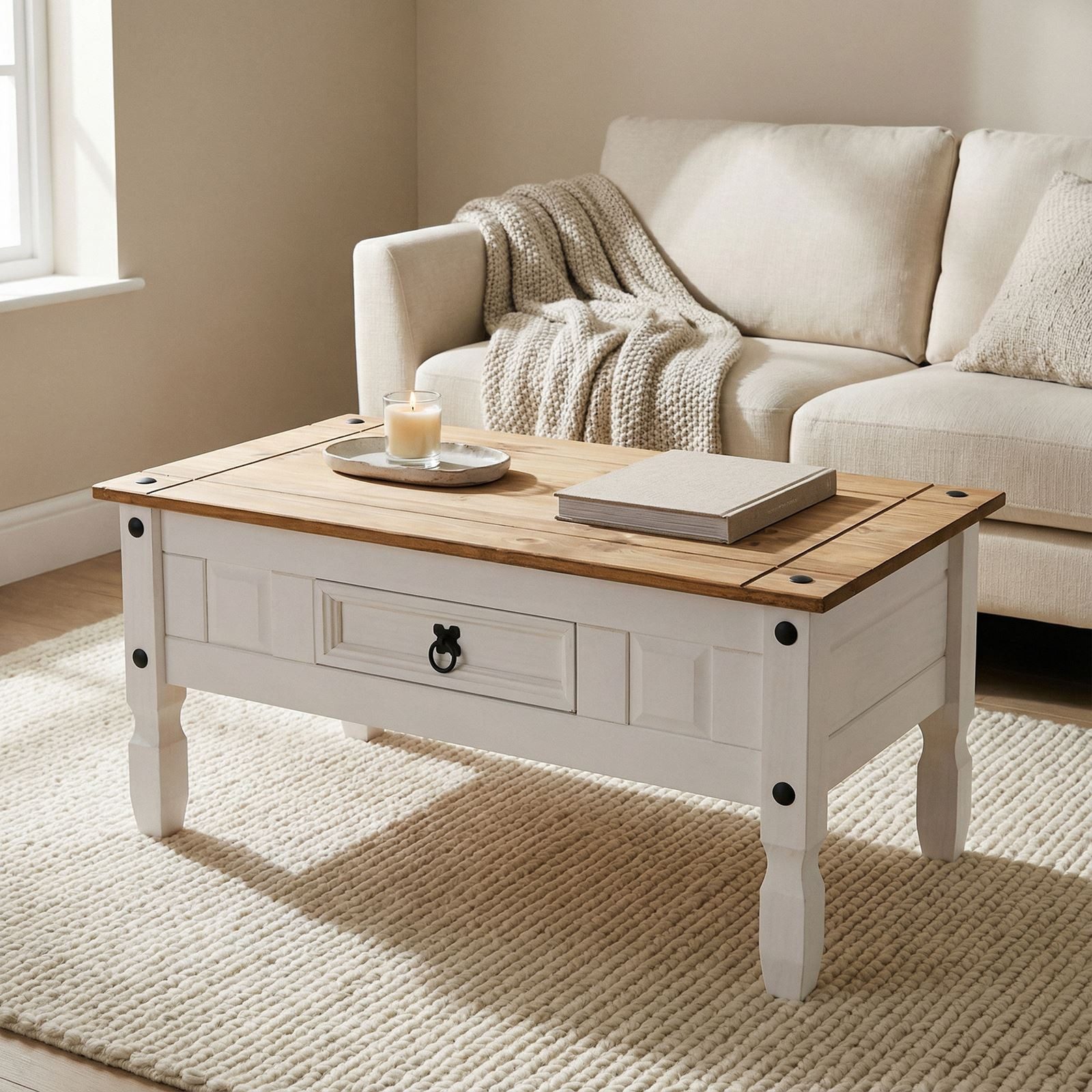 CARO-Möbel Couchtisch CAMPO, Sofatisch aus Kiefer Massivholz mit 2 Schubladen im Mexico-Stil