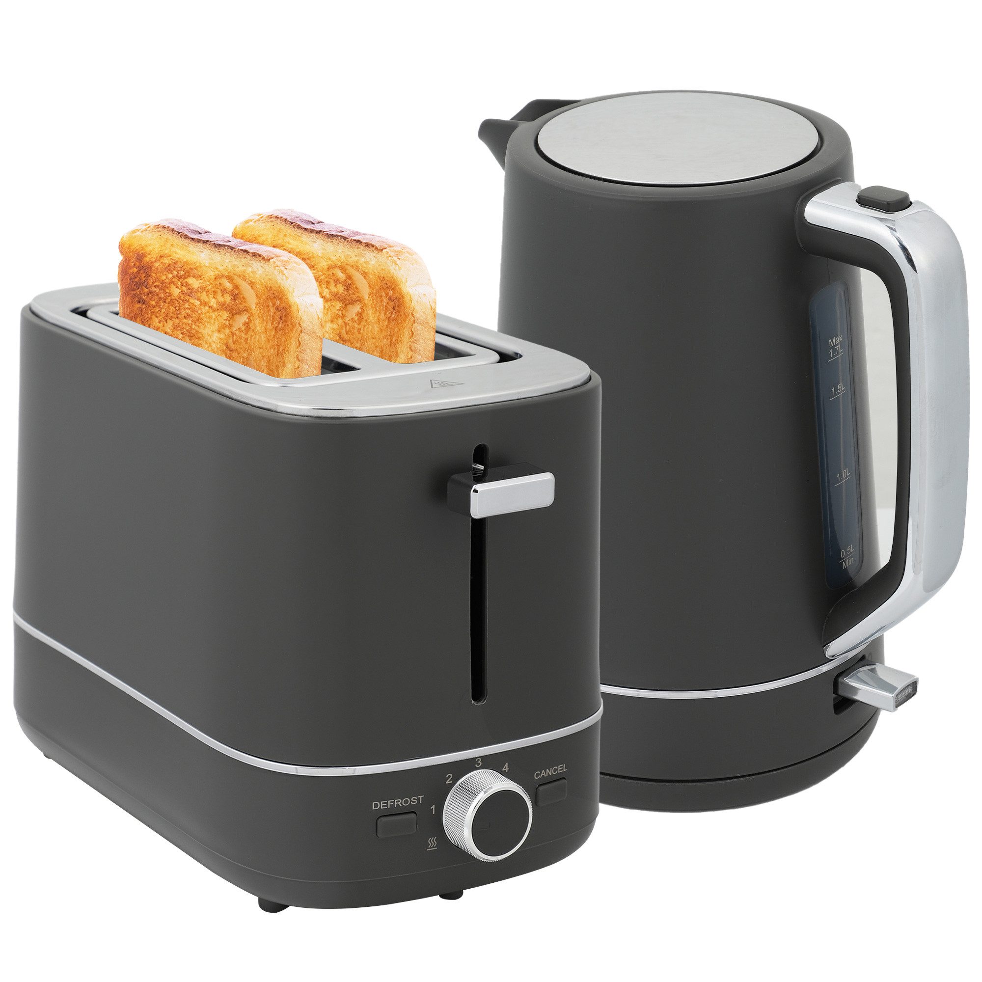 HOMCOM Toaster Set aus 1,7 L, 2 Schlitze, für 2 Scheiben, 2200 W, Wasserkocher und Toaster mit 6 Bräunungsstufen, Stahl, Grau