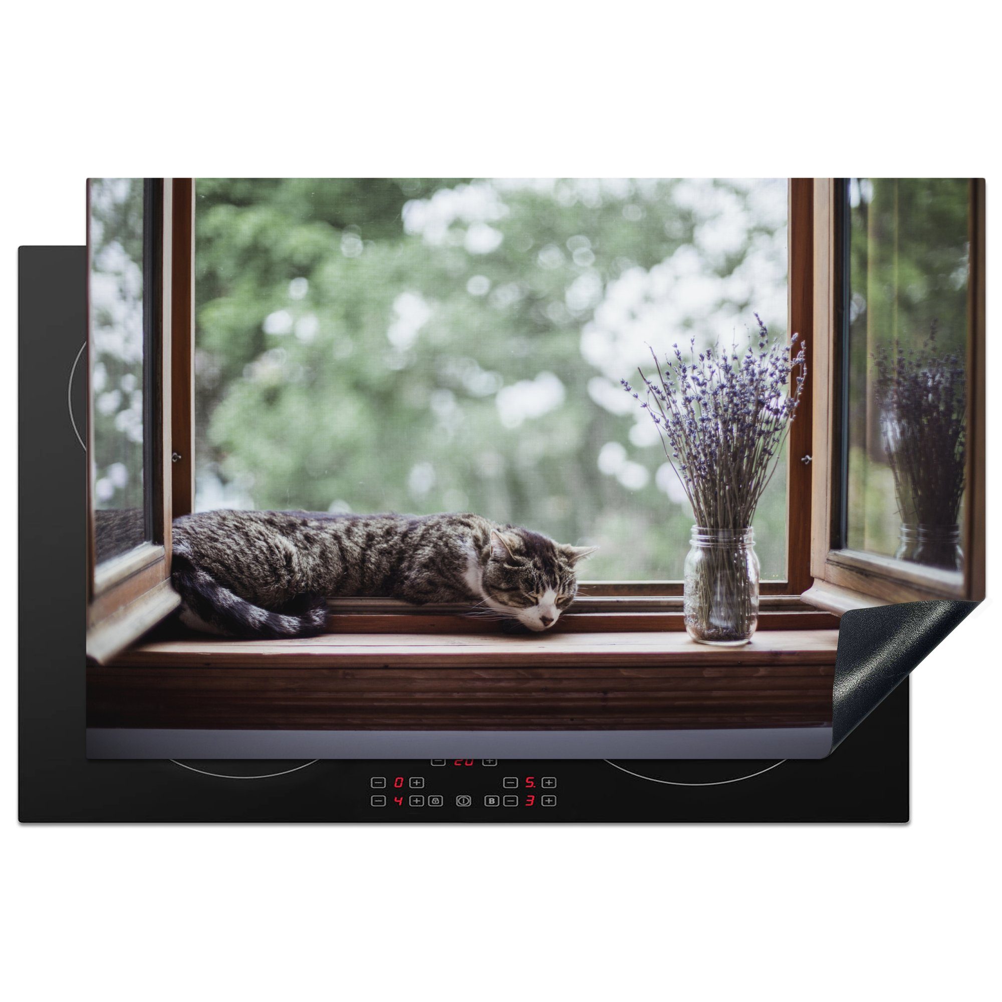 MuchoWow Herdblende-/Abdeckplatte Zypresse Katze aus dem Fenster, Vinyl, (1 tlg), 81x52 cm, Induktionskochfeld Schutz für die küche, Ceranfeldabdeckung