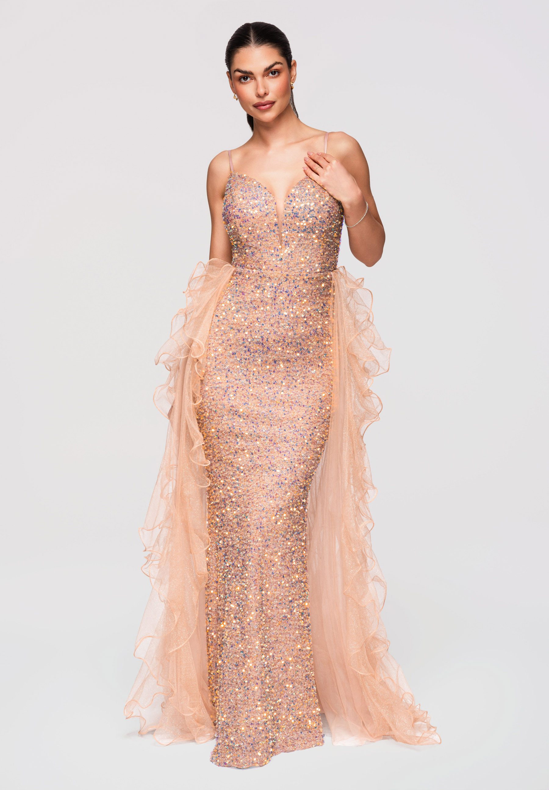 OMBRE Abendkleid Maxikleid Pailletten Meerjungfrau Abendmode Beige M (kein Set, 1-tlg) Paillettenapplikation, Tüllrüschen