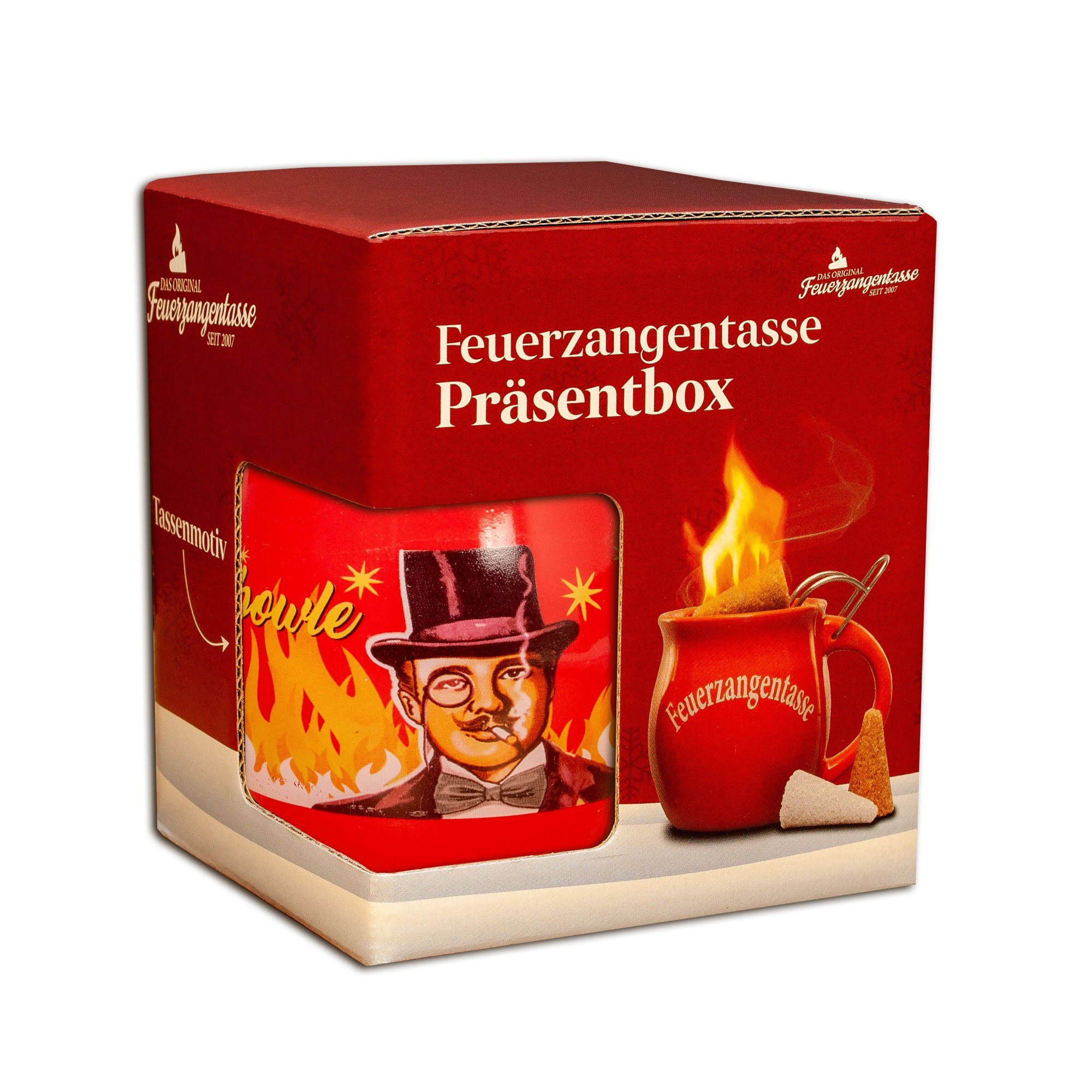 Feuerzangentasse Bowle-Set Feuerzangentasse 1er-Set (Feuerzangenbowle Set, 5-tlg., 1x Feuerzangentasse, 3x Zimtzuckerhütchen, 1x Rezeptheftchen), hitzebeständige Keramik, Edelstahl-Feuerzange