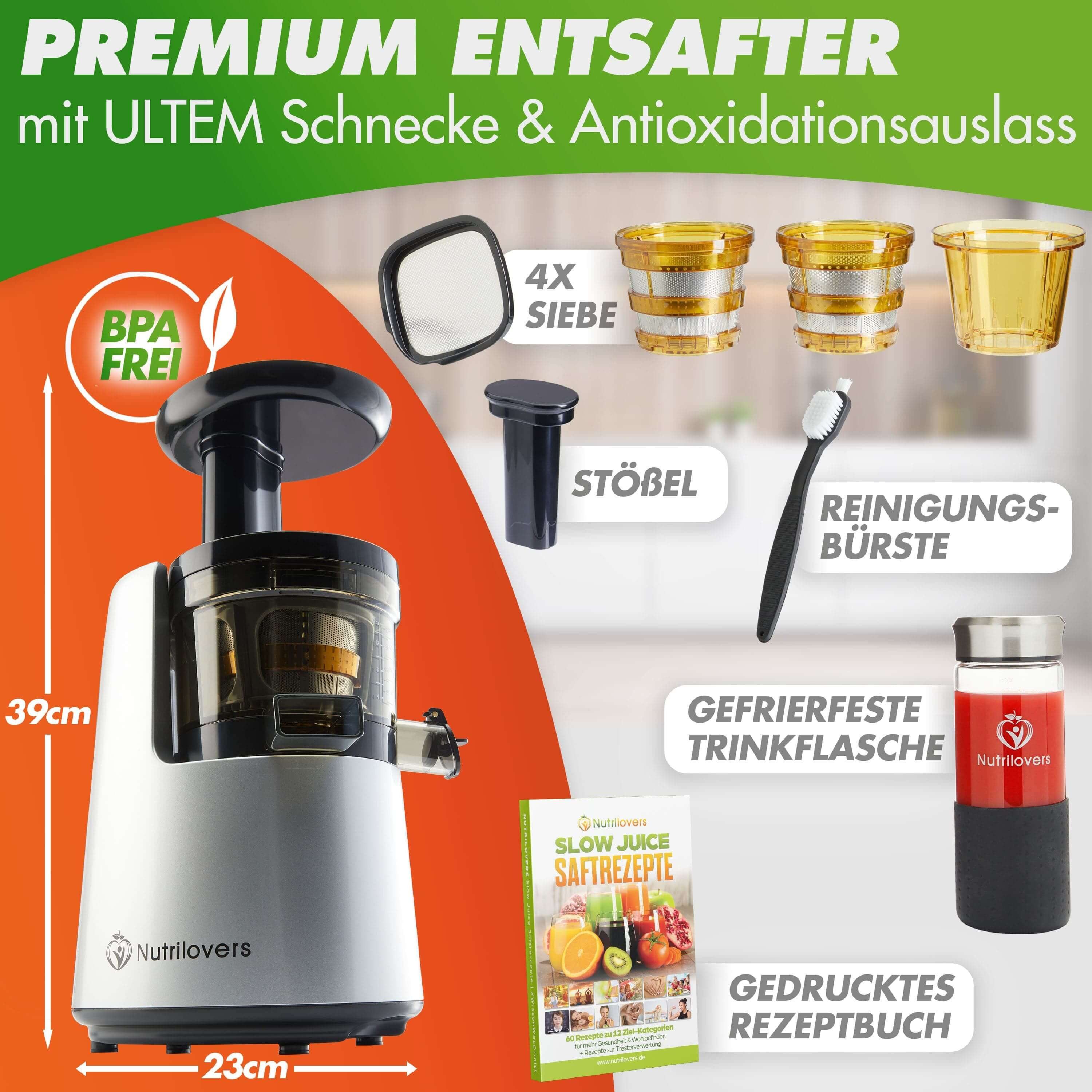Nutrilovers Slow Juicer NUTRI-PRESS NO.1 Premium Slow Juicer Entsafter mit 3 Sieben, 200 W