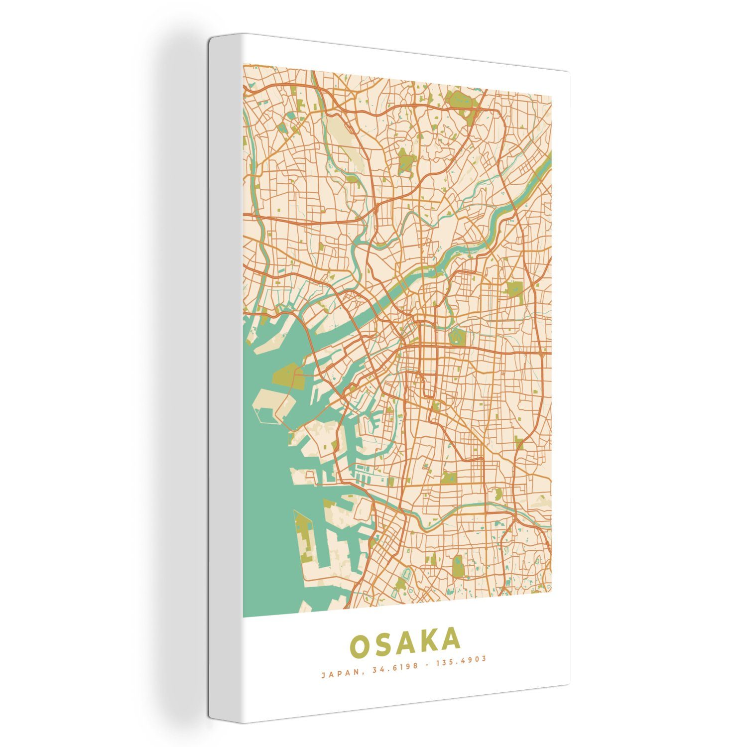 OneMillionCanvasses® Leinwandbild Osaka - Stadtplan - Vintage - Karte, (1 St), Leinwandbild fertig bespannt inkl. Zackenaufhänger, Gemälde, 20x30 cm