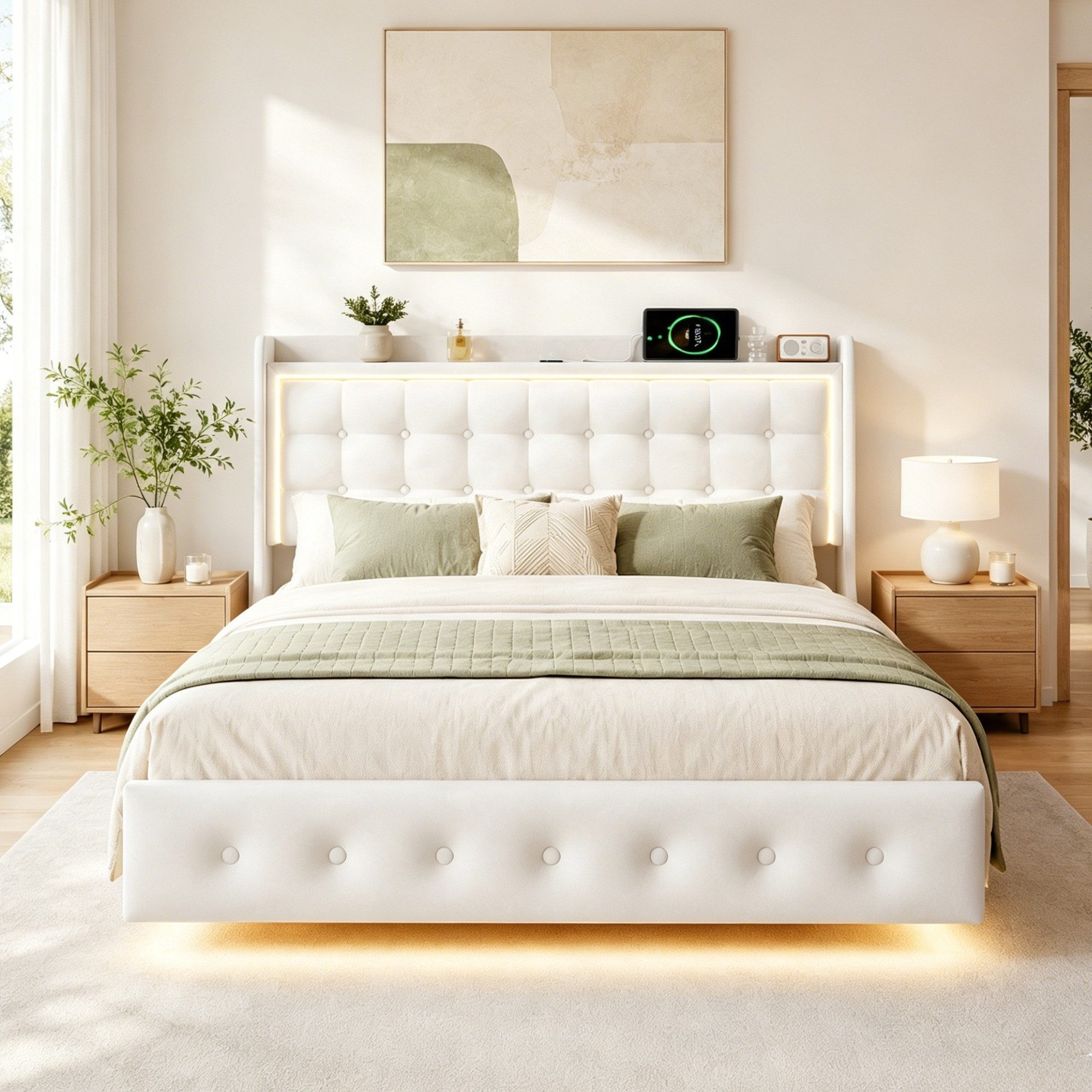 Simurq Polsterbett Schwebebett mit LED-Beleuchtung und USB, Doppelbett 140x200cm (Packung, 1-tlg., Jugendbett mit Kopfteil, Samtstoff), Schwebender visueller Effekt