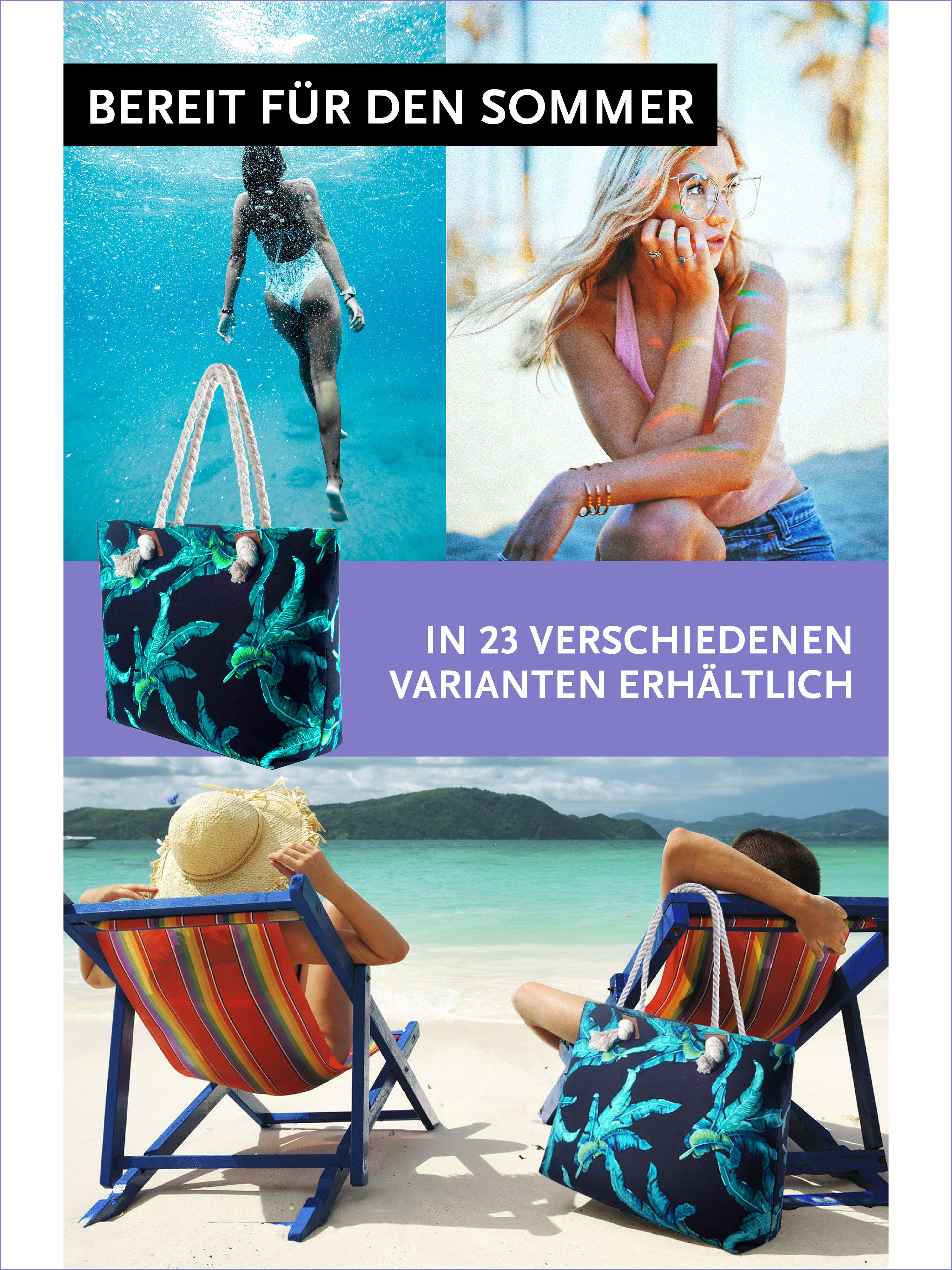 DonDon Strandtasche Shopper Schultertasche Beach Style (2-tlg), Große Strandtasche, mit Reißverschluss, tolle Motive – Bild 5 von 5