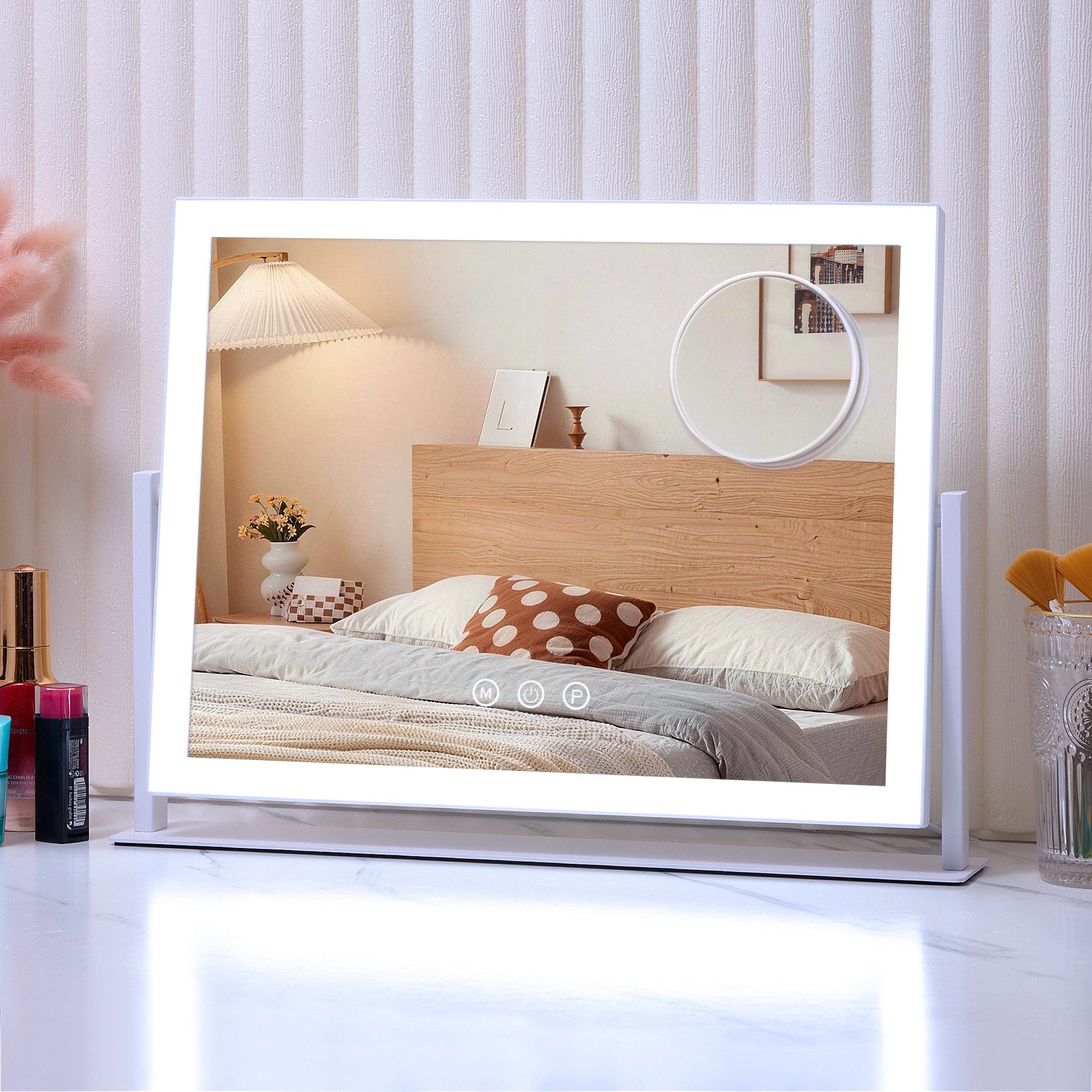 GIMBELEN Schminkspiegel mit Beleuchtung 42x31 cm Schminkspiegel (1-St), 3 Farbtemperaturen, Dimmer, 360° Drehung, Touch, USB-C, 3X Zoom