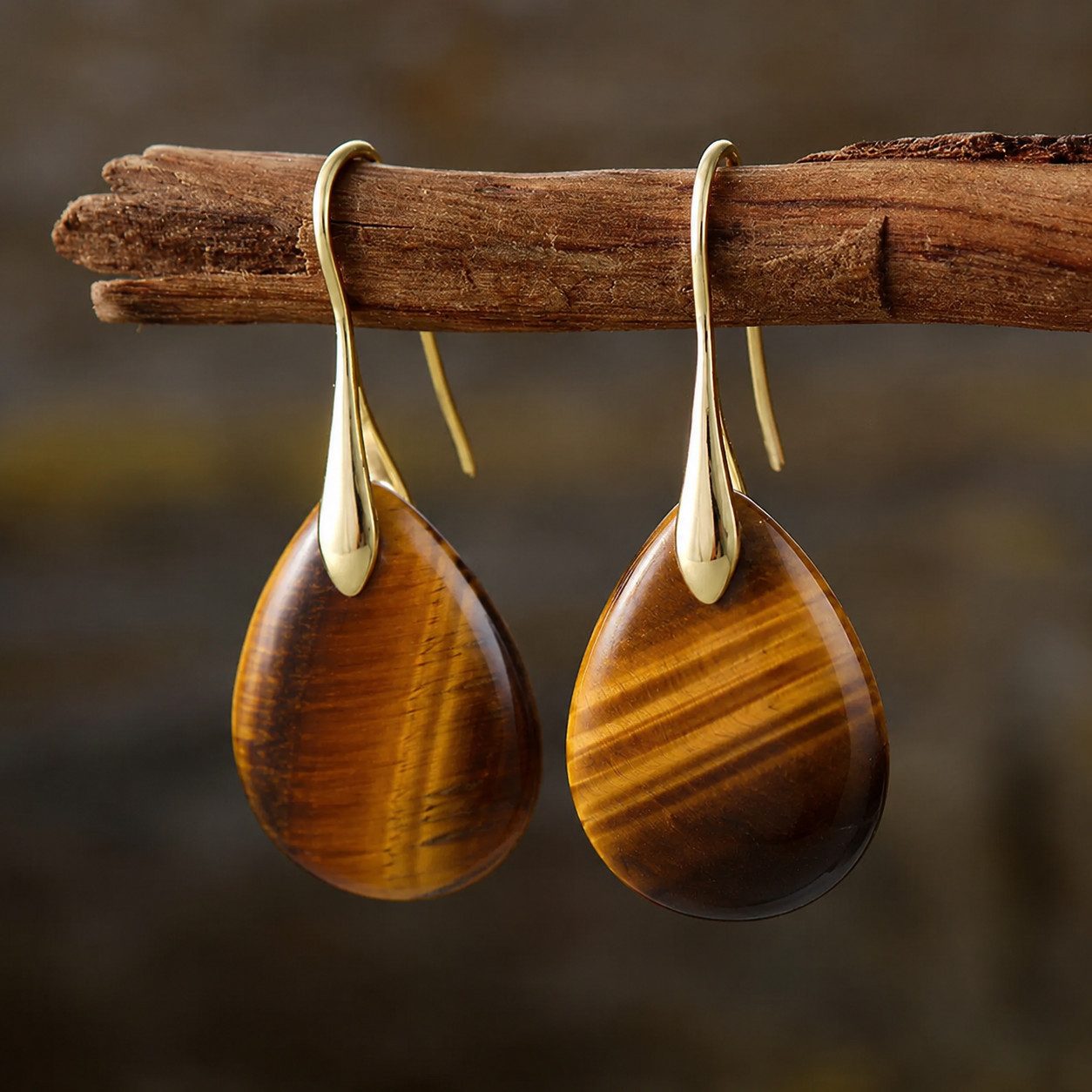 Karmandala Ohrring-Set 18k vergoldet Naturstein Ohrringe mit Edelsteinen 2x3 cm, 18k vergoldet Tigerauge Ohrringe für Mut, Selbstvertrauen, Stärke