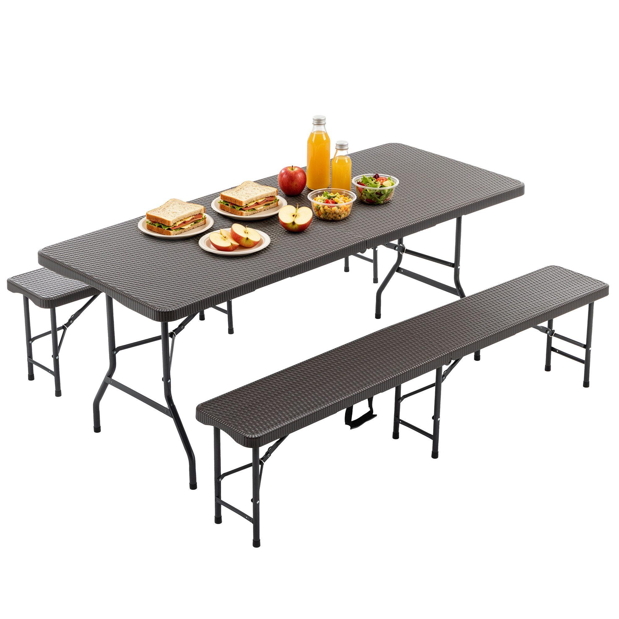 MC Star Gartenlounge-Set 6ft Klappbarer Picknicktisch mit 2 Bänken, 3-teiliges Camping Set, (HDPE Tischplatte mit Baummuster, Sicherheitsverriegelung, UV- & wasserbeständig, Braun)