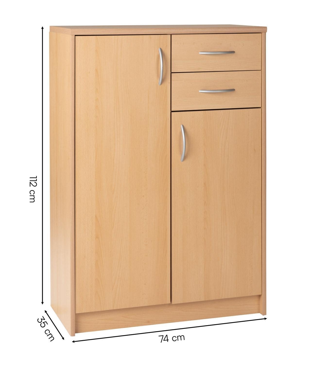 Kommode OPTIMUS, B 74 cm, H 112 cm (1 St), Buchedekor braun, 2 Türen, 2 Schubladen, 5 Einlegeböden