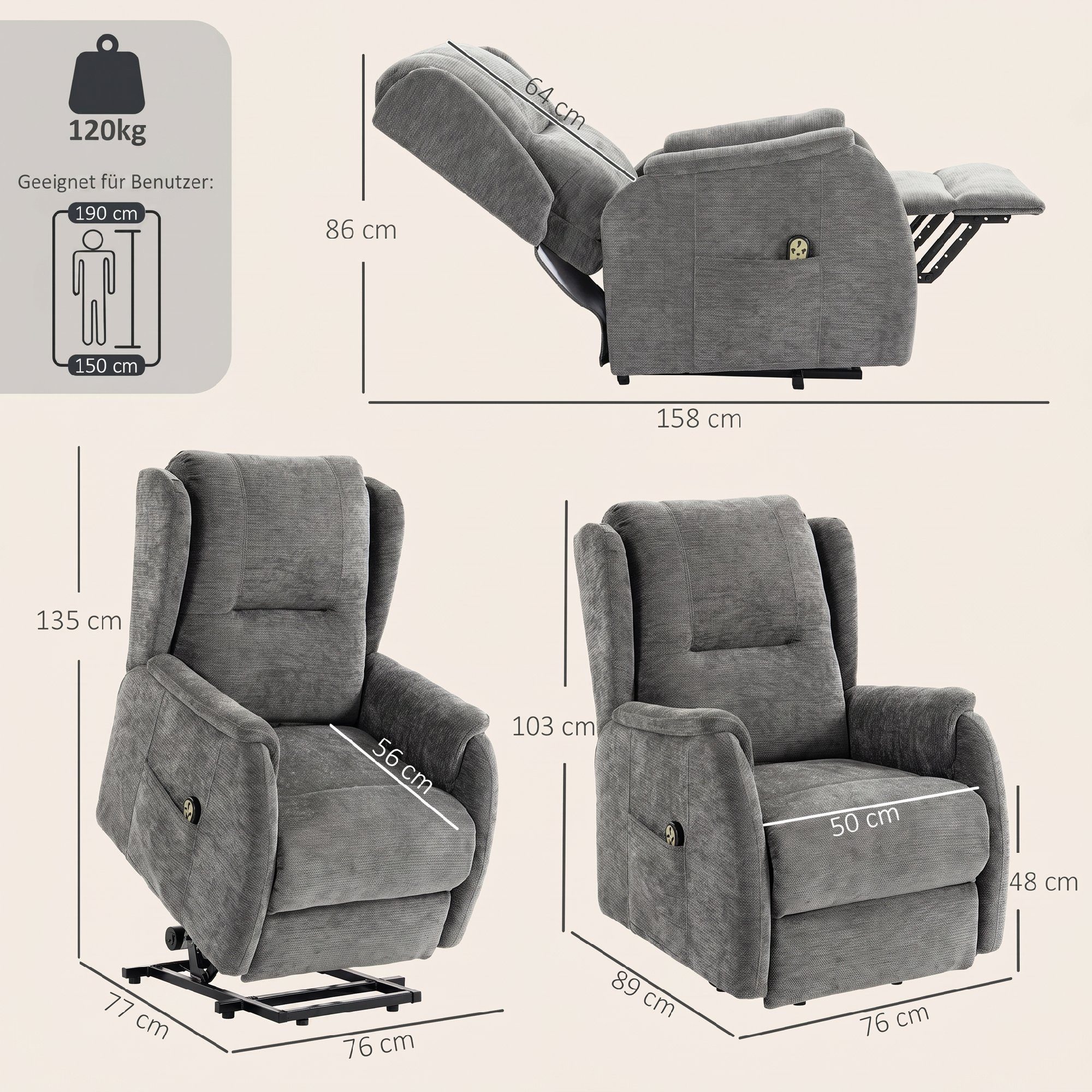 HOMCOM Relaxsessel Fernsehsessel mit 2 Motorn TV Sessel mit Aufstehhilfe (Set, 1-St., 1), Doppelmotor, elektrische Aufstehhilfe, Chenillebezug