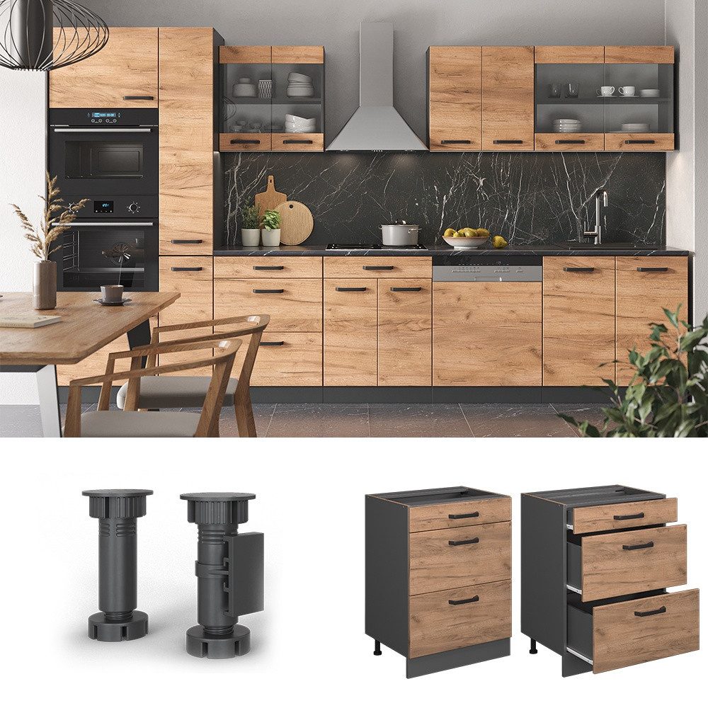 Vicco Unterschrank R-Line Goldkraft Eiche/Anthrazit 60cm, Schubladen, ohne Arbeitsplatte (1-St)