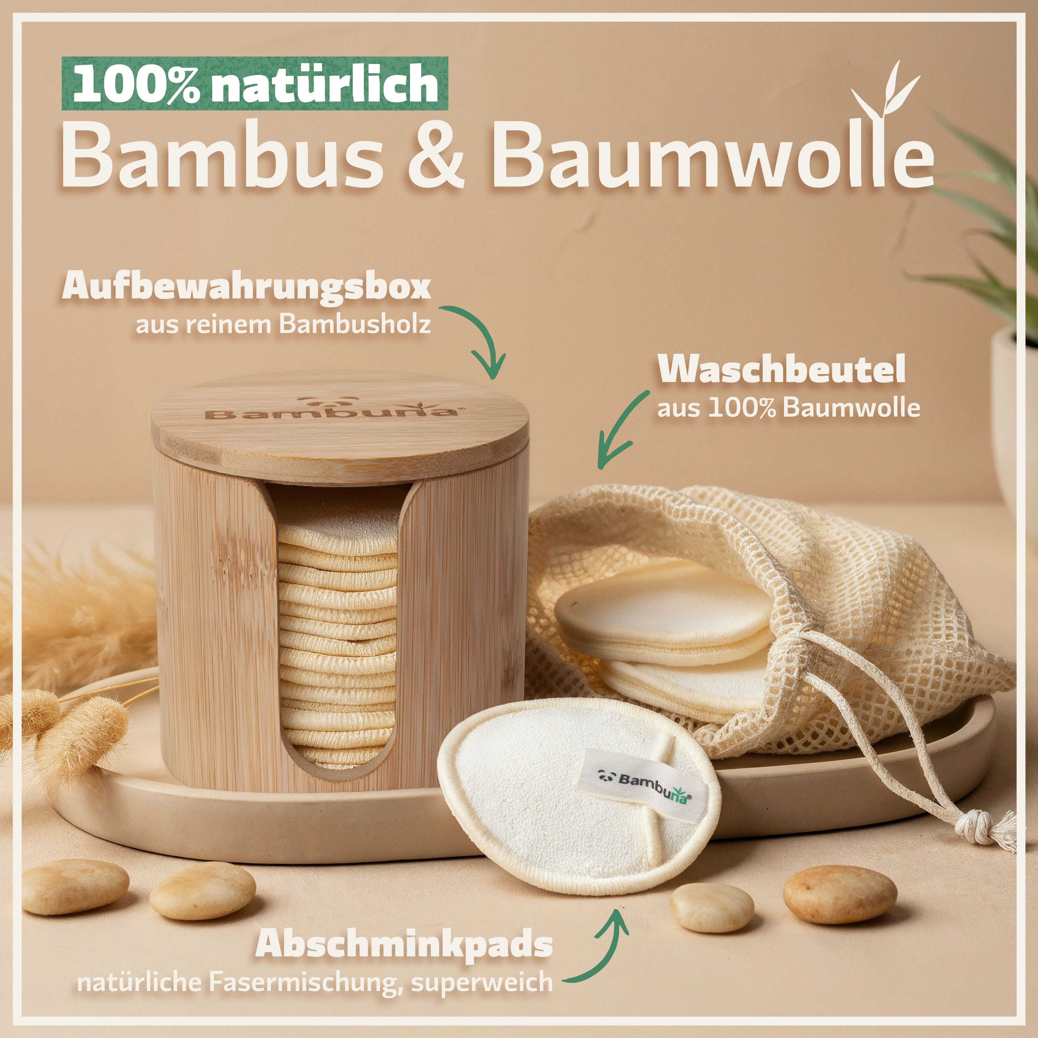 Bambuna Abschminkschwamm Wiederverwendbare Wattepads mit Bambusbox und Waschbeutel, Abschminkpads waschbar - umweltfreundliche Abschminktücher - Make Up Entferner Pads - weiche Reinigungspads, 18 tlg., Spar Set, Made in Germany