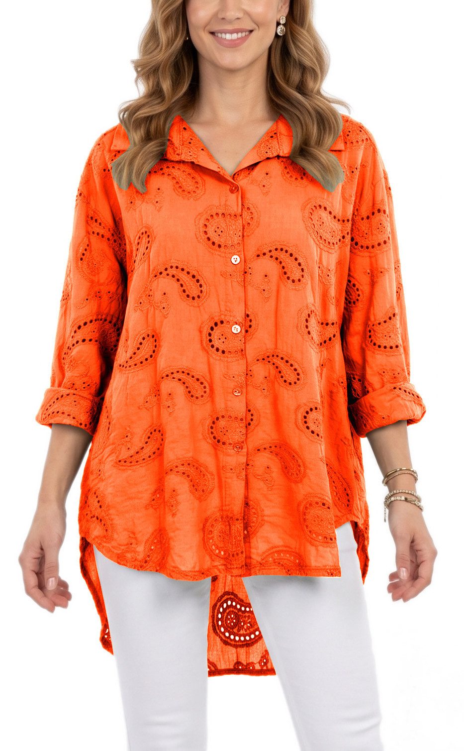dy_mode Longbluse Damen Longbluse Oversize Tunika Boho Baumwollbluse Sommerbluse in Unifarbe, mit Paisley Lochstickerei, in Vokuhila-Schnitt