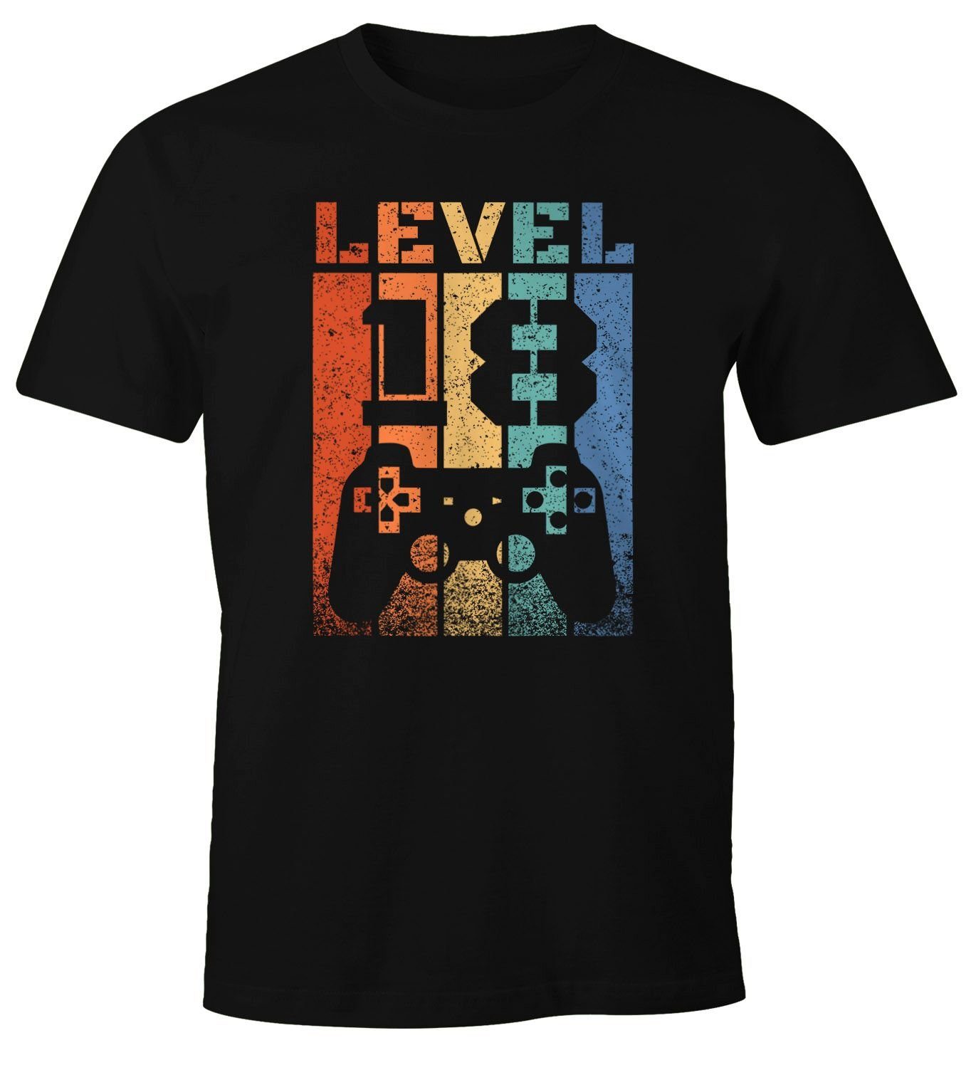 MoonWorks Print-Shirt Herren T-Shirt 18 Geburtstag Level Up Pixel Controller Retro Gamer Achtzehn Geschenk Arcade Fun-Shirt Moonworks® mit Print | T-Shirts
