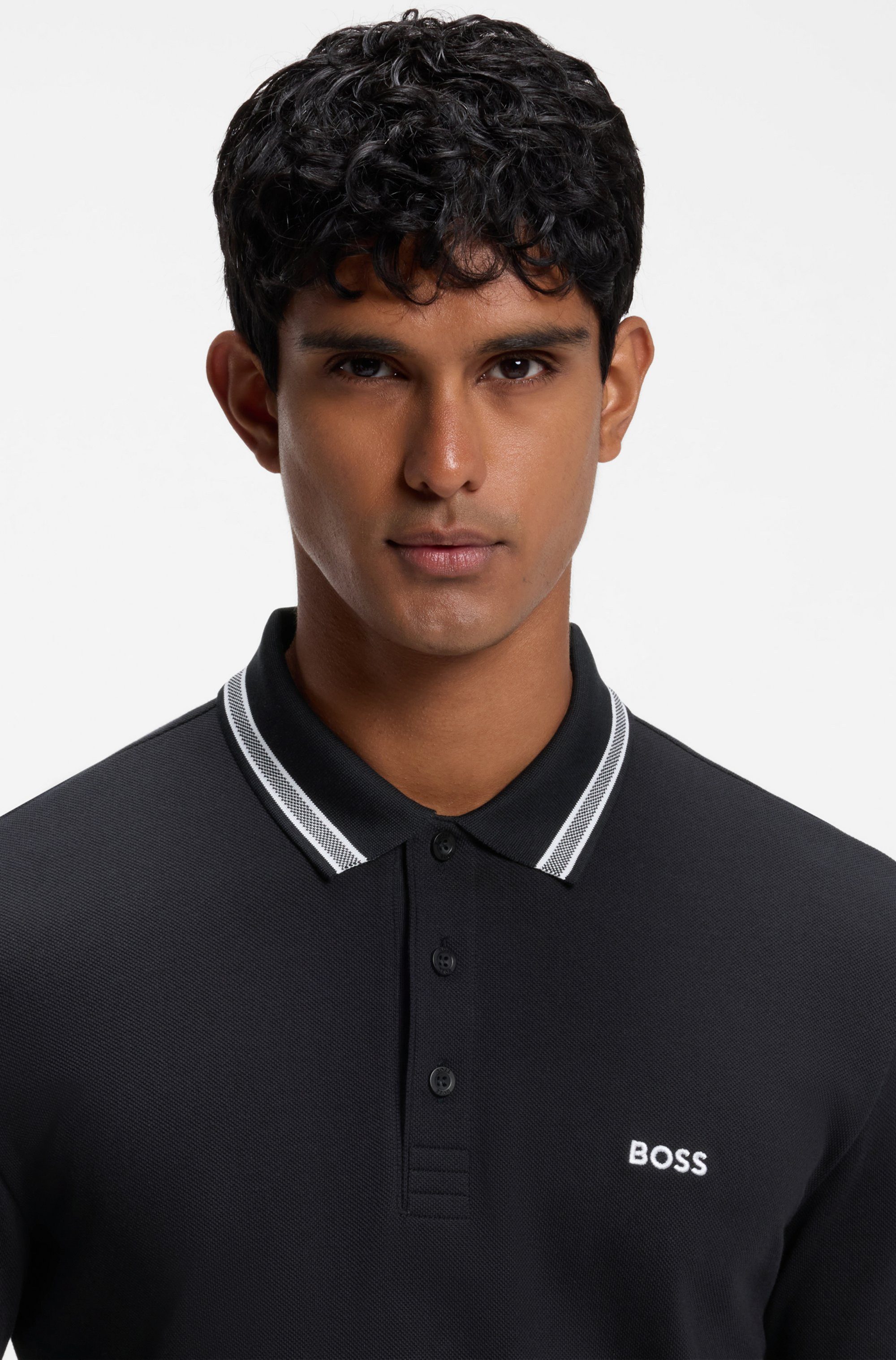 BOSS GREEN Langarm-Poloshirt Plisy mit Streifen am Kragen
