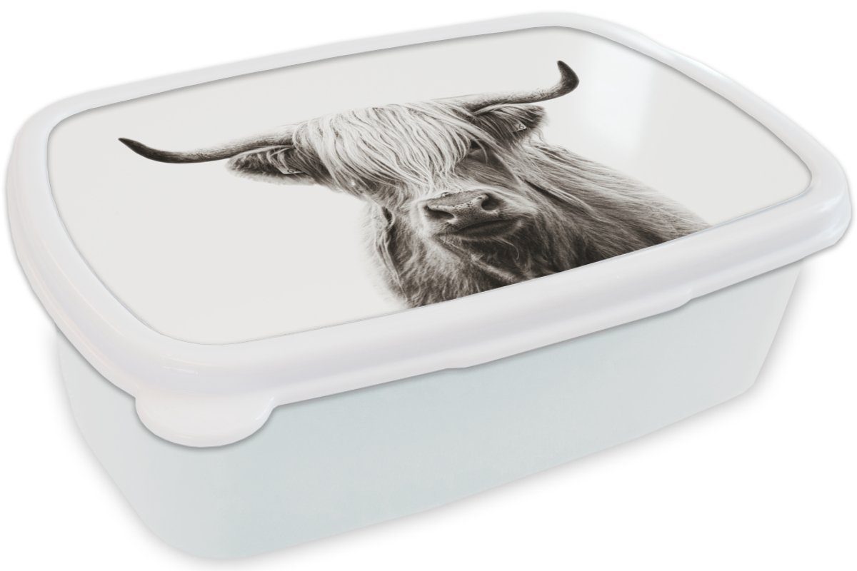 MuchoWow Lunchbox Schottischer für für Schwarz Weiß, Brotdose, Jungs Kuh Kunststoff, Erwachsene, und Brotbox Kinder und - - (2-tlg), Highlander Mädchen 