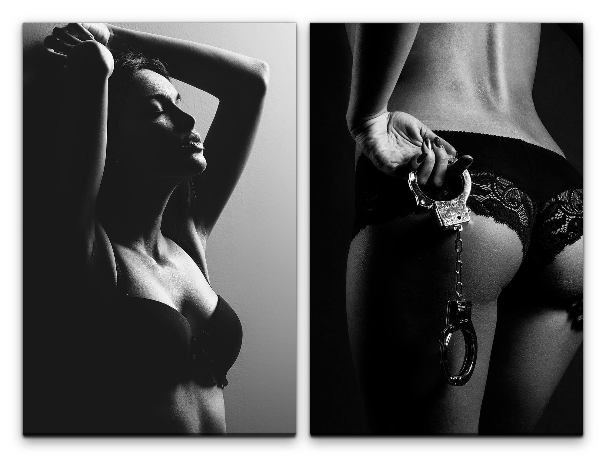 Leinwandbild 2 Bilder je 60x90cm Erotisch Aktfotografie Schwarz Weiß Dessous Handschellen Verführerisch Sexy