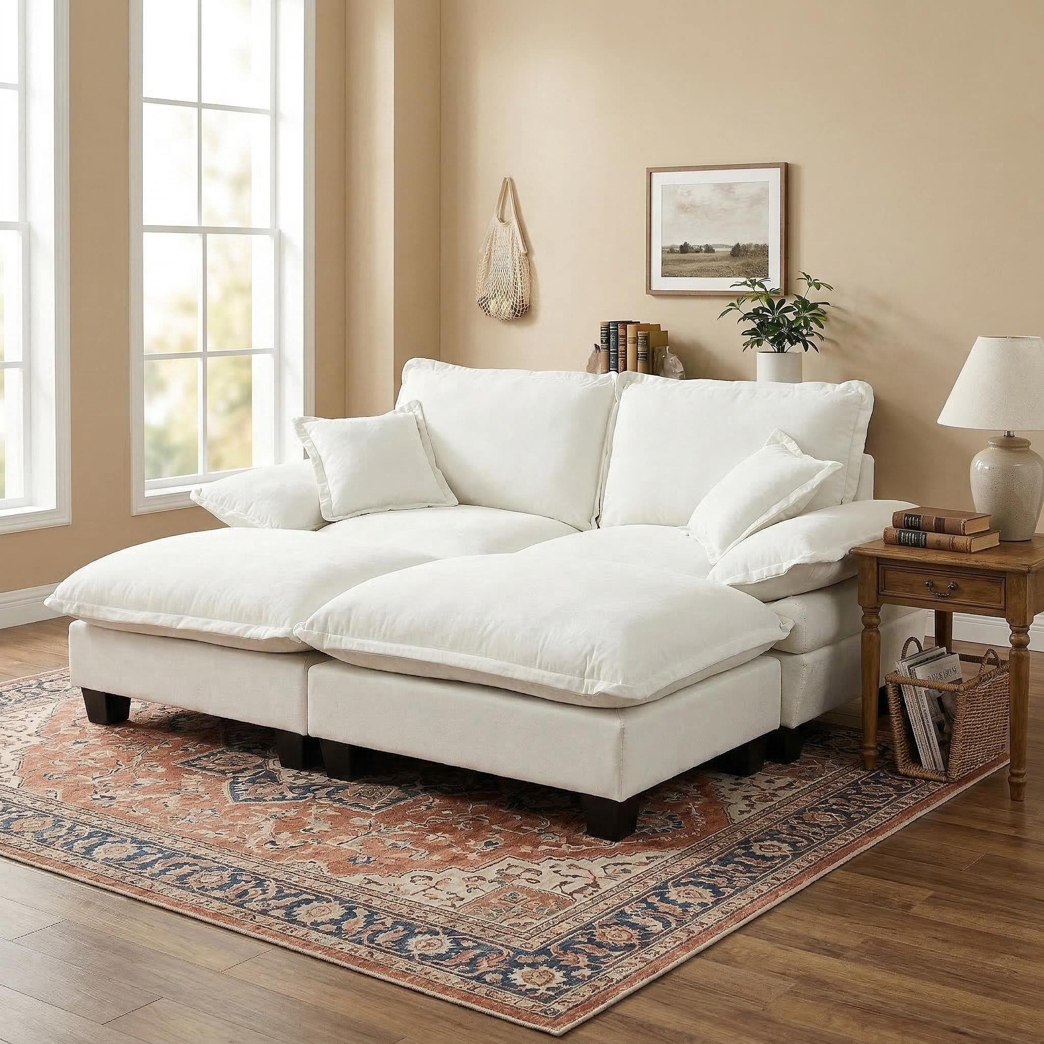 Odikalo Ecksofa Loungesofa Gartensofa sofas wohnzimmer 2-Sitzer mit Schlaffunktion, Modulares Ecksofa, Cloud-Couch mit Segelboot-Design, inklusive 2 beweglichen Ottomanen & 2 weichen Kissen, komfortabler Chenille-Bezug für Wohnzimmer & Apartments, Beige