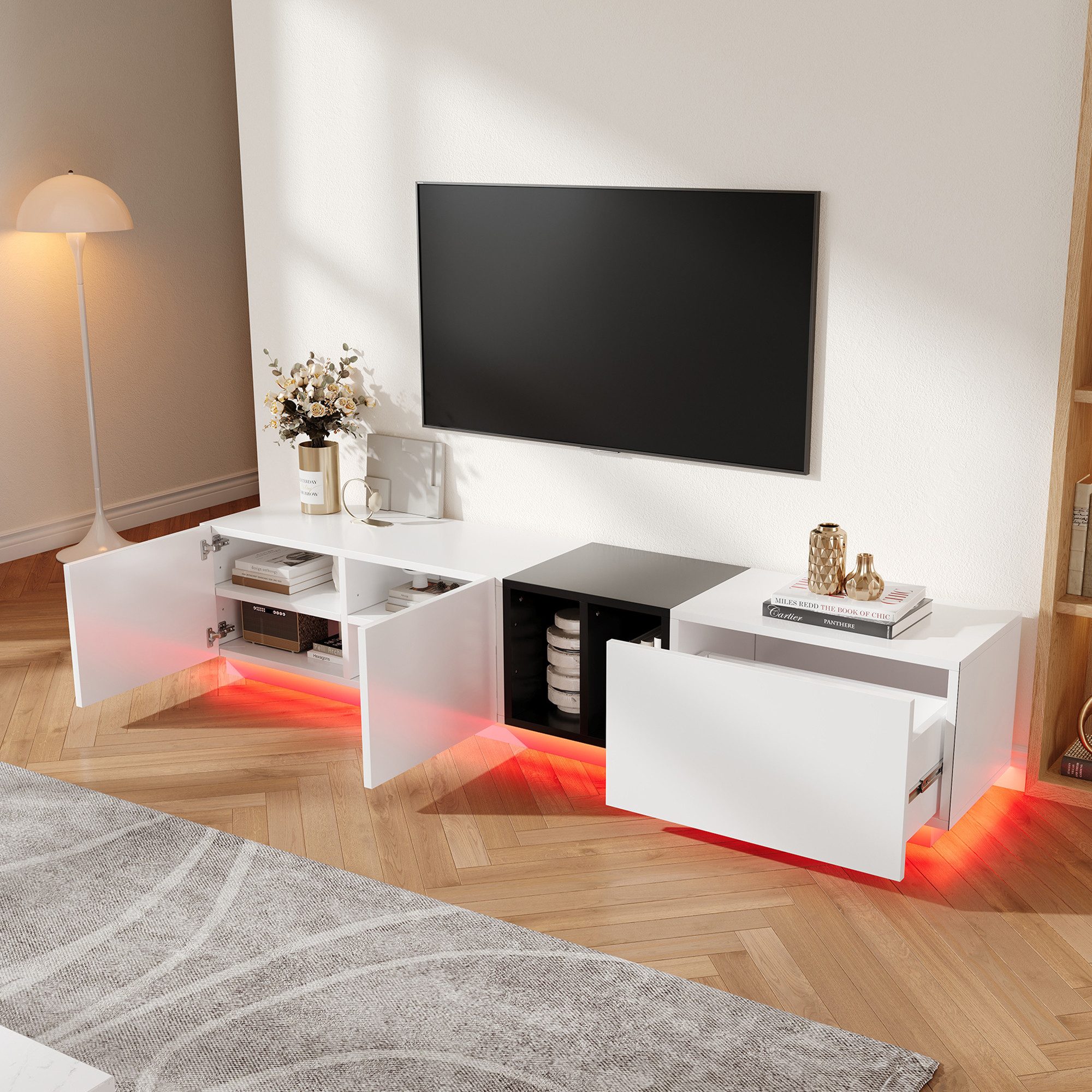 STILVORA Wohnzimmer-Set mit Schubladen,Lowboard TV-Schrank grifflos mit Staufach&Metallbeinen, (mit Schubladen und offenen Fächern)