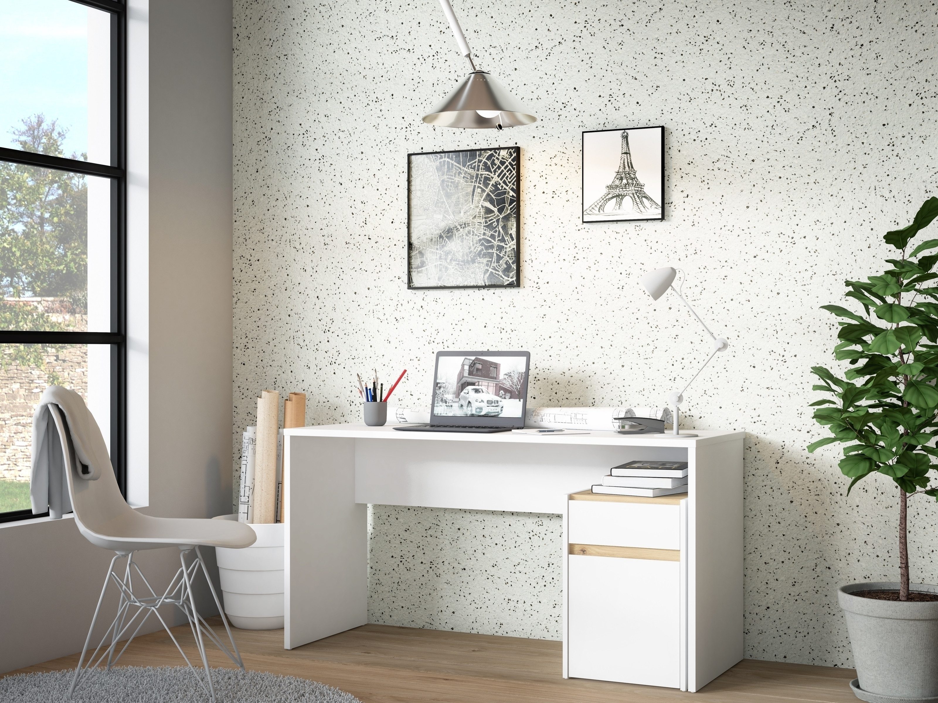 FORTE Schreibtisch in Weiss / Artisan Eiche Dekor - 140x72,7x52,7cm (BxHxT)