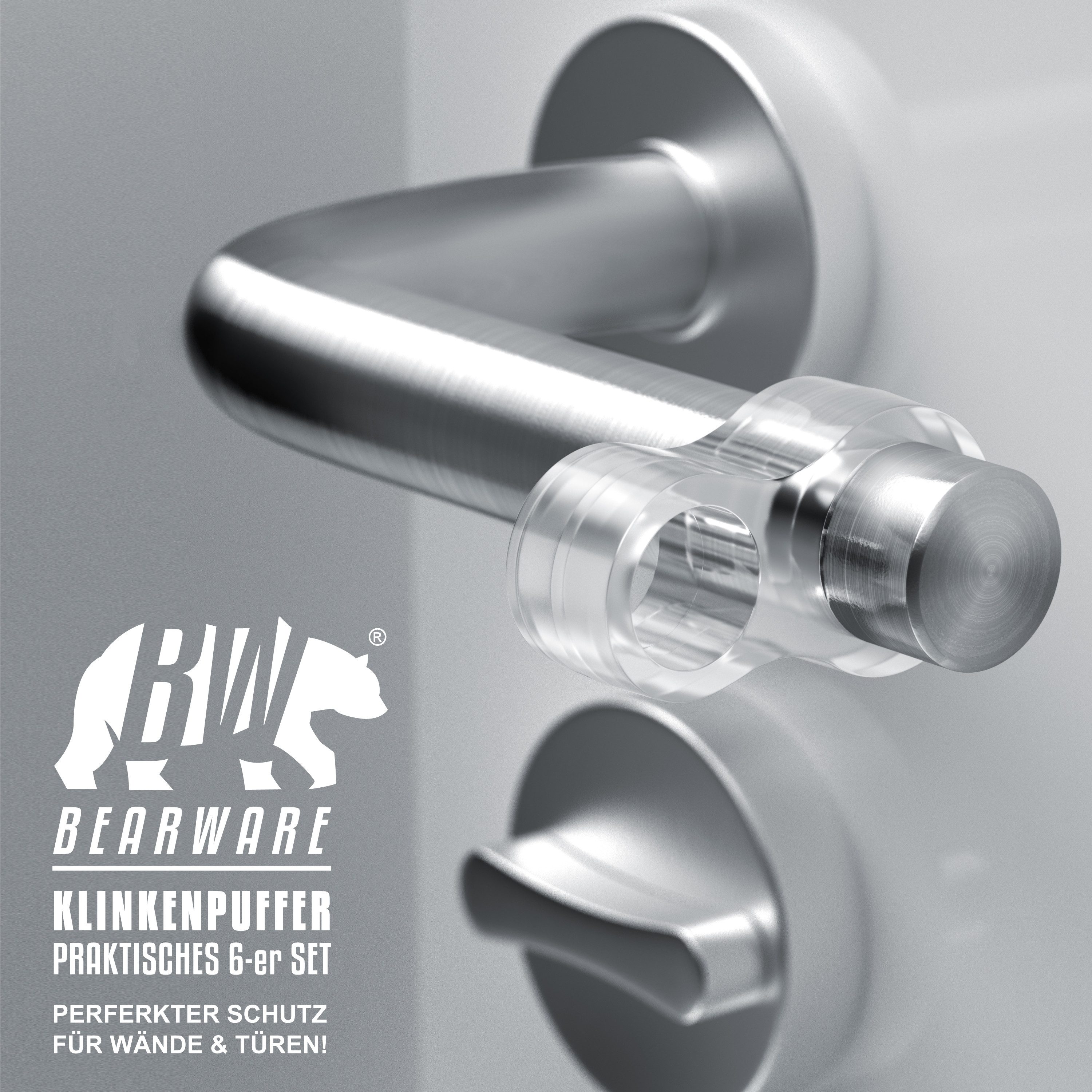 BEARWARE Wandtürstopper Türklinkenpuffer für Klinken 1,7 - 1,8 cm Durchmesser, transparent (Set, 6 St), Bumber Türgriffpuffer 25 x 45 mm, Klinkenpuffer schützt Wände & Möbel