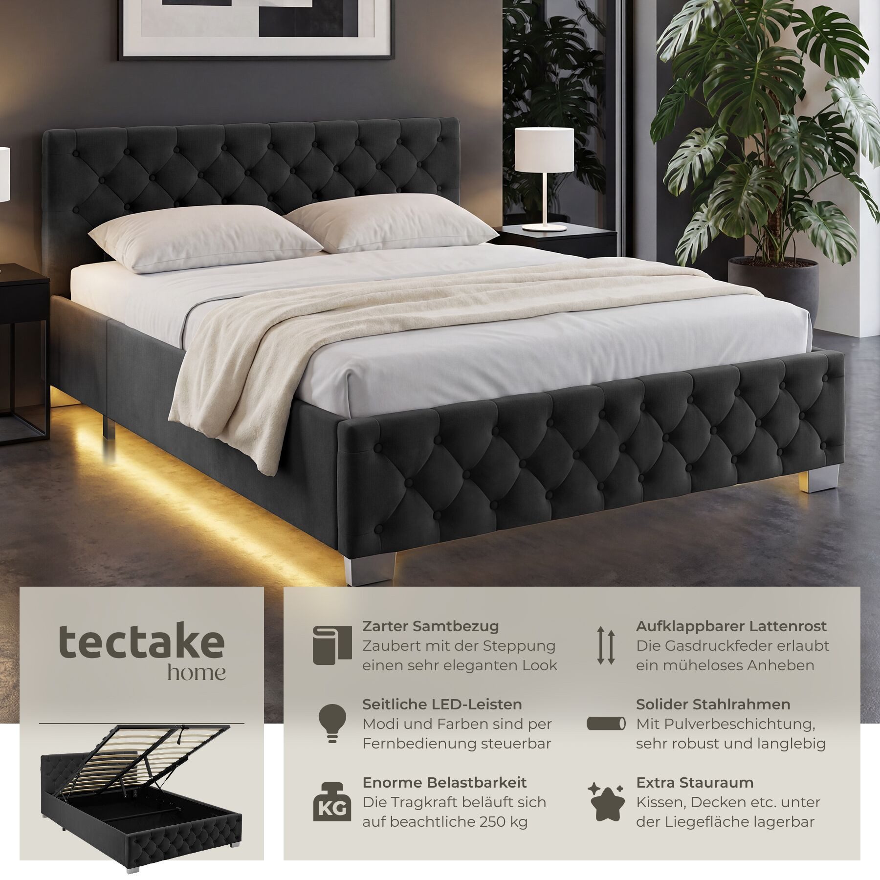 tectake Polsterbett Komfortbett mit LED-Leisten & Stauraum - Samtoptik mit Steppmuster (Bettset, in Samtoptik Schwarz), stabiler Stahlrahmen, Belastbarkeit 250 kg