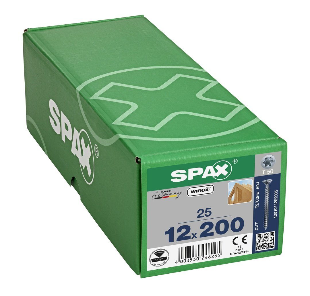 SPAX 25 weiß mm St), verzinkt, (Stahl Holzbauschraube, Spanplattenschraube 12x200