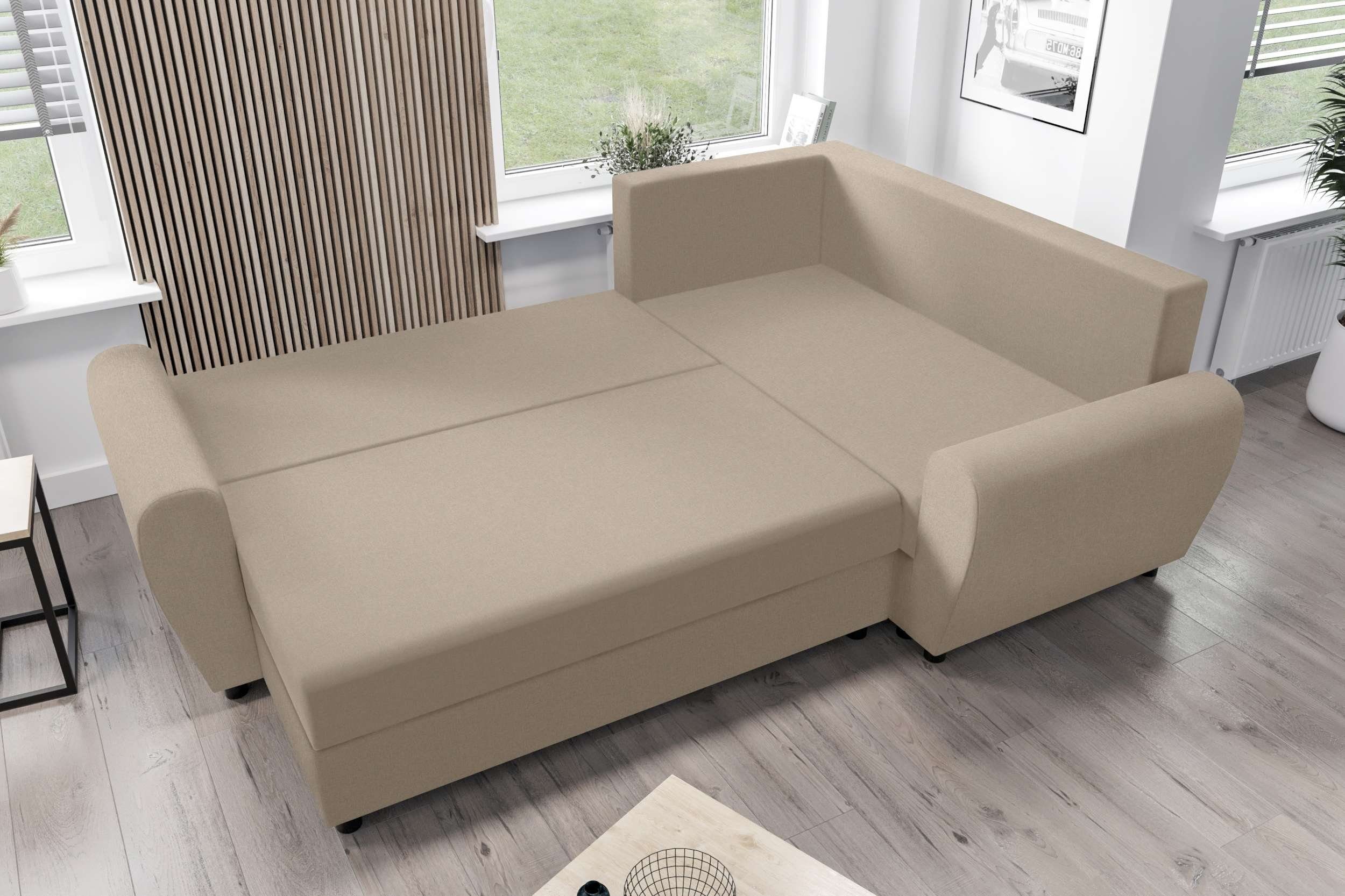 mit Bettfunktion, Sofa, Eckcouch, Design L-Form, mit Valence, Modern Ecksofa Sitzkomfort, Stylefy Bettkasten,