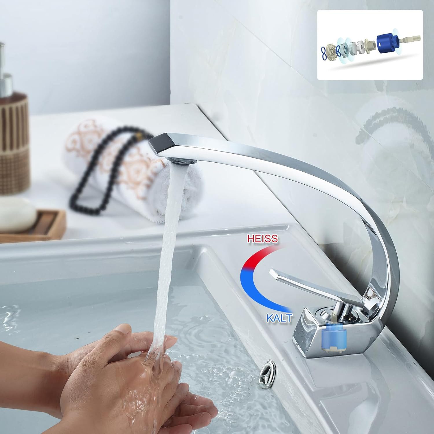 REDOM Waschtischarmatur Waschtischmischer Badarmatur Wasserhahn Badezimmerarmatur Einhand (3/8 Zoll Norm-Anschluss Messing + Stahl Chrom-Finish 19cm Auslaufhöhe, Mischbatterie Waschtischbatterie Waschbeckenarmatur + Keramikkartusche) Wasserfall für Badezimmer Toiletten Oder Gäste WC Waschbecken usw
