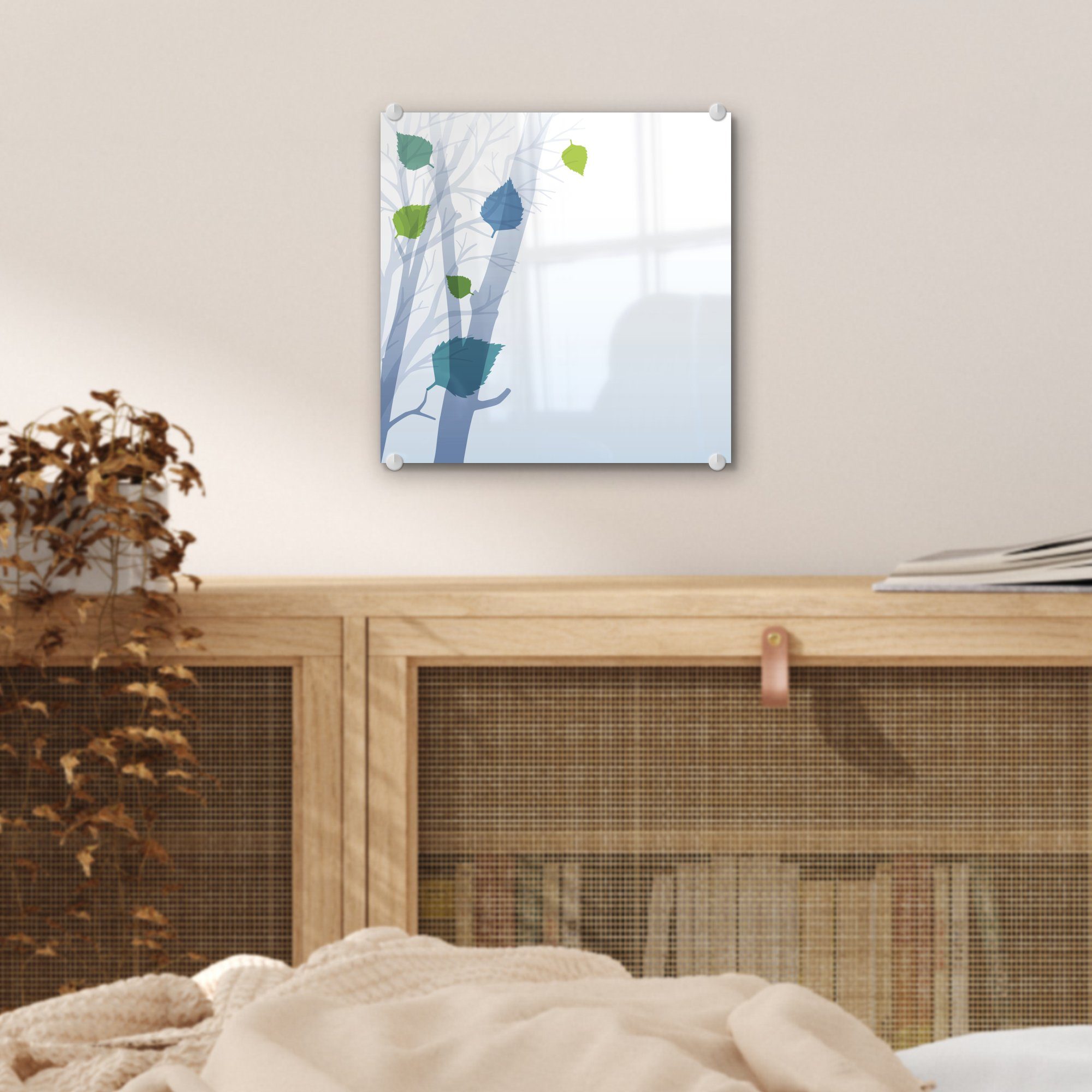 MuchoWow Acrylglasbild Minimalistische Illustration Bäume - St), Bilder auf Frühling, Glas Foto im auf (1 - Wandbild Wanddekoration Glasbilder - Glas
