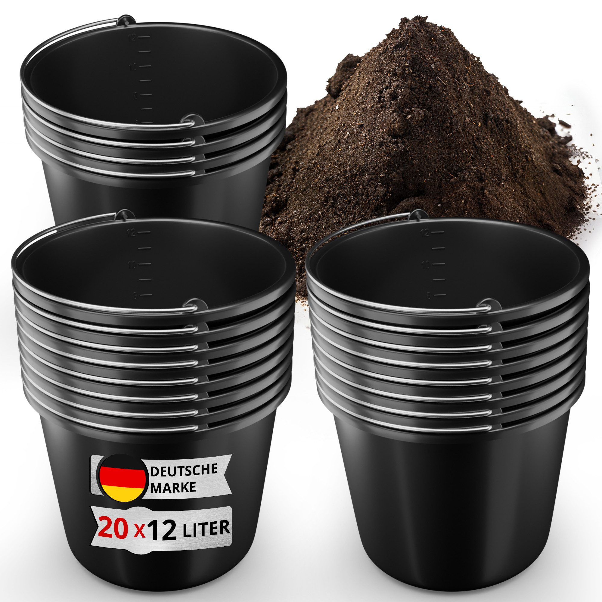 Oramics Baueimer 12L Ведра Edelstahl Henkel stabiler Wassereimer Mörteleimer mit Skala, (Kunststoffeimer für Zement, Mörtel; Kleistereimer für Tapezieren, 20-tlg., Wassereimer, Mörteleimer mit Skala für Haushalt, Garten, Baustellen), stabiler robuster langlebiger Kunststoff-Eimer mit integrierter Skala