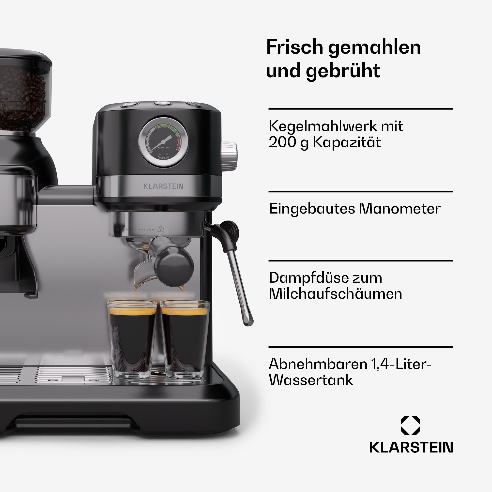 Klarstein Espressomaschine Bella Café Espresso Vintage Mahlwerk 19 bar 1150W 200g Druckmesser, 1.4l Kaffeekanne, Edelstahl-Siebträger, Kaffeebereiter mit Kegel-Mahlwerk 19 bar