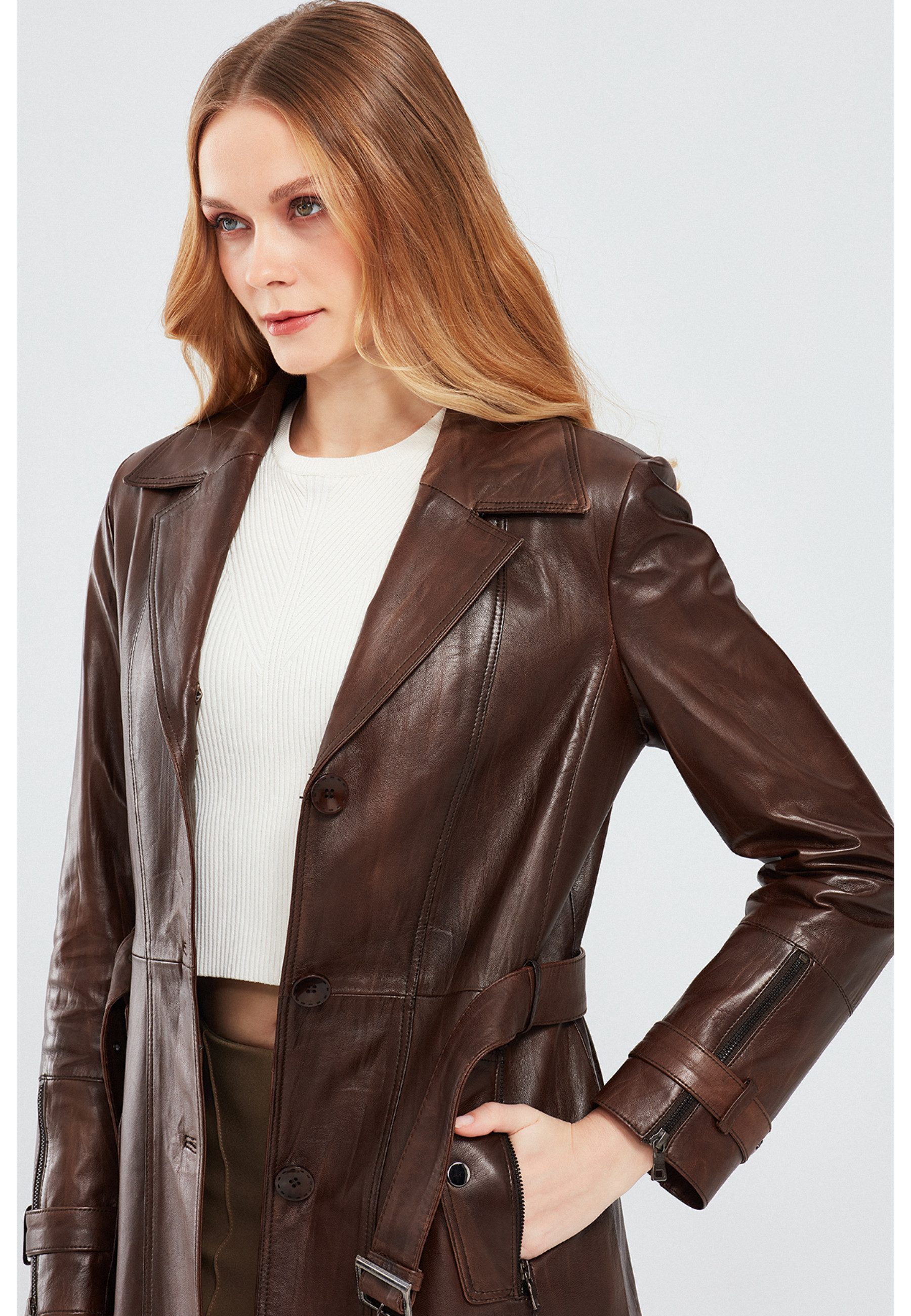 Derimod Lederjacke Rhoda Ledertrenchcoat mit Kunstfell