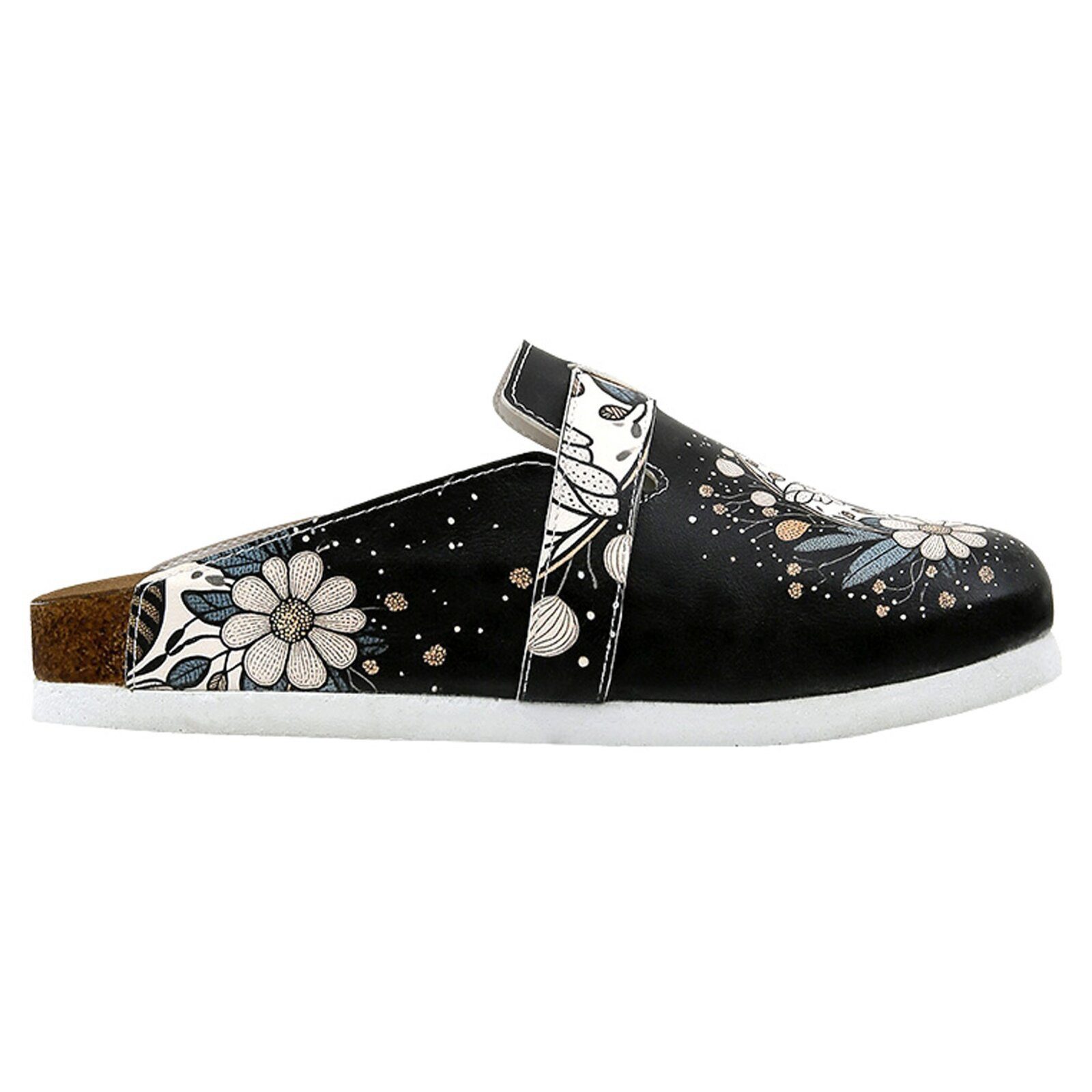 DOGO Comfie Pantoletten Hausschuhe Bee With Flowers Damen Sandalen Hausschuh Handgefertigt