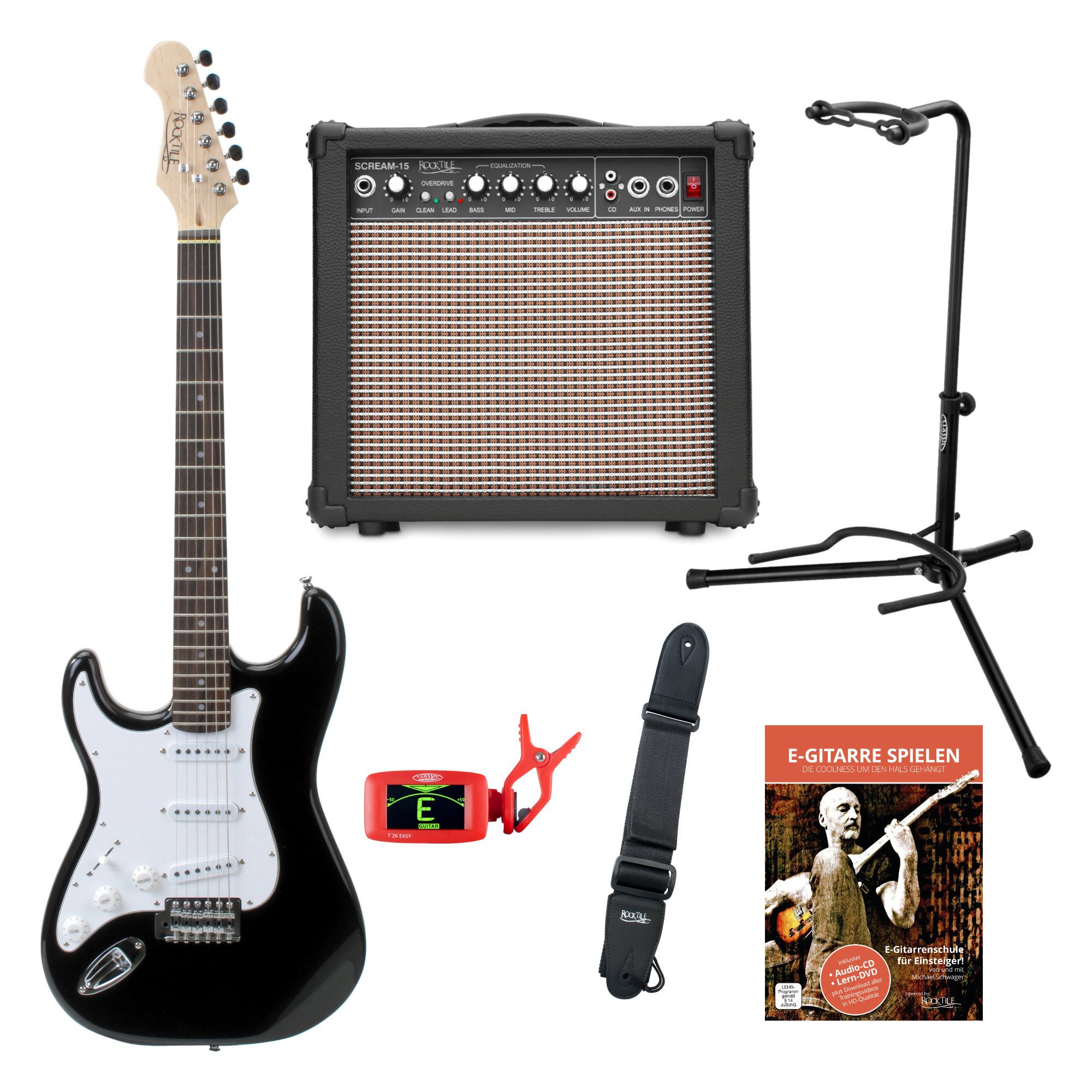 Rocktile E-Gitarre Pro ST3-L linkshänder elektrische Gitarre, ST-Sytle, Spar-Set, inkl. Verstärker, Gitarrenständer, Schule, Stimmgerät und Gurt