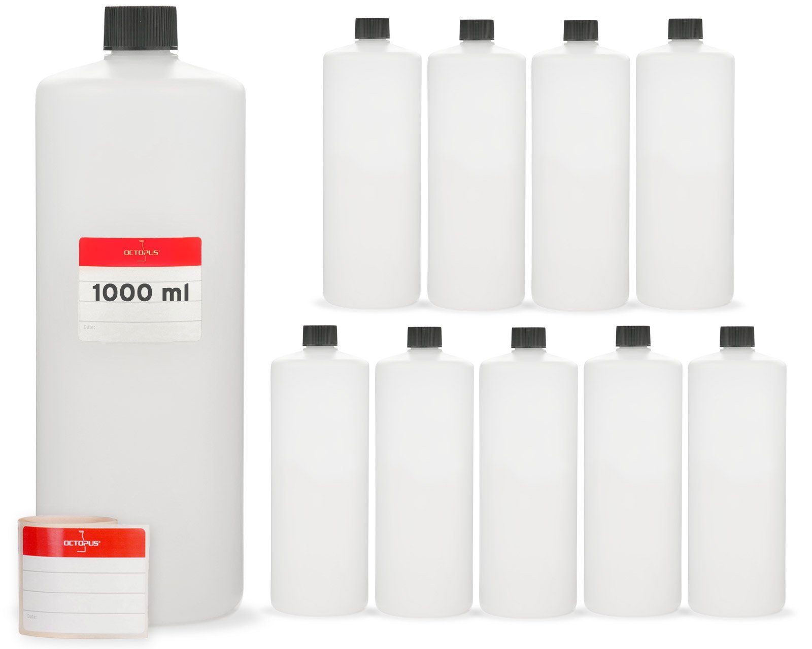 OCTOPUS Kanister 10x 1000 ml Rundflaschen HDPE, G25, schwarze Schraubverschlüsse (10 St)