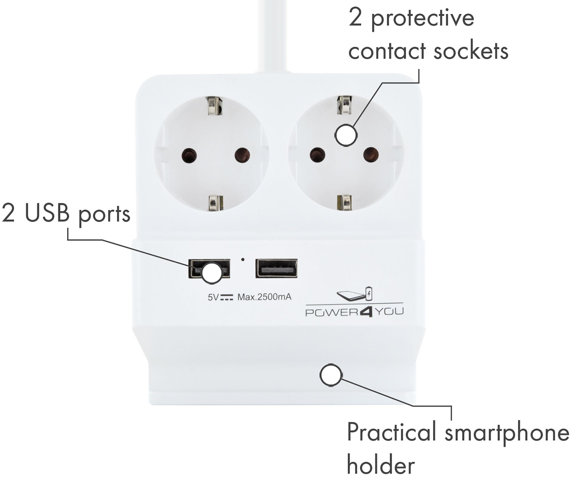 Überladeschutz, Kurzschlussschutz, Buchsen, 661545 mit 4-fach Smartphonehalterung 2 Steckdosen, m), Mehrfachsteckdose Kabellänge USB 1.5 Überspannungsschutz, (2 Schwaiger