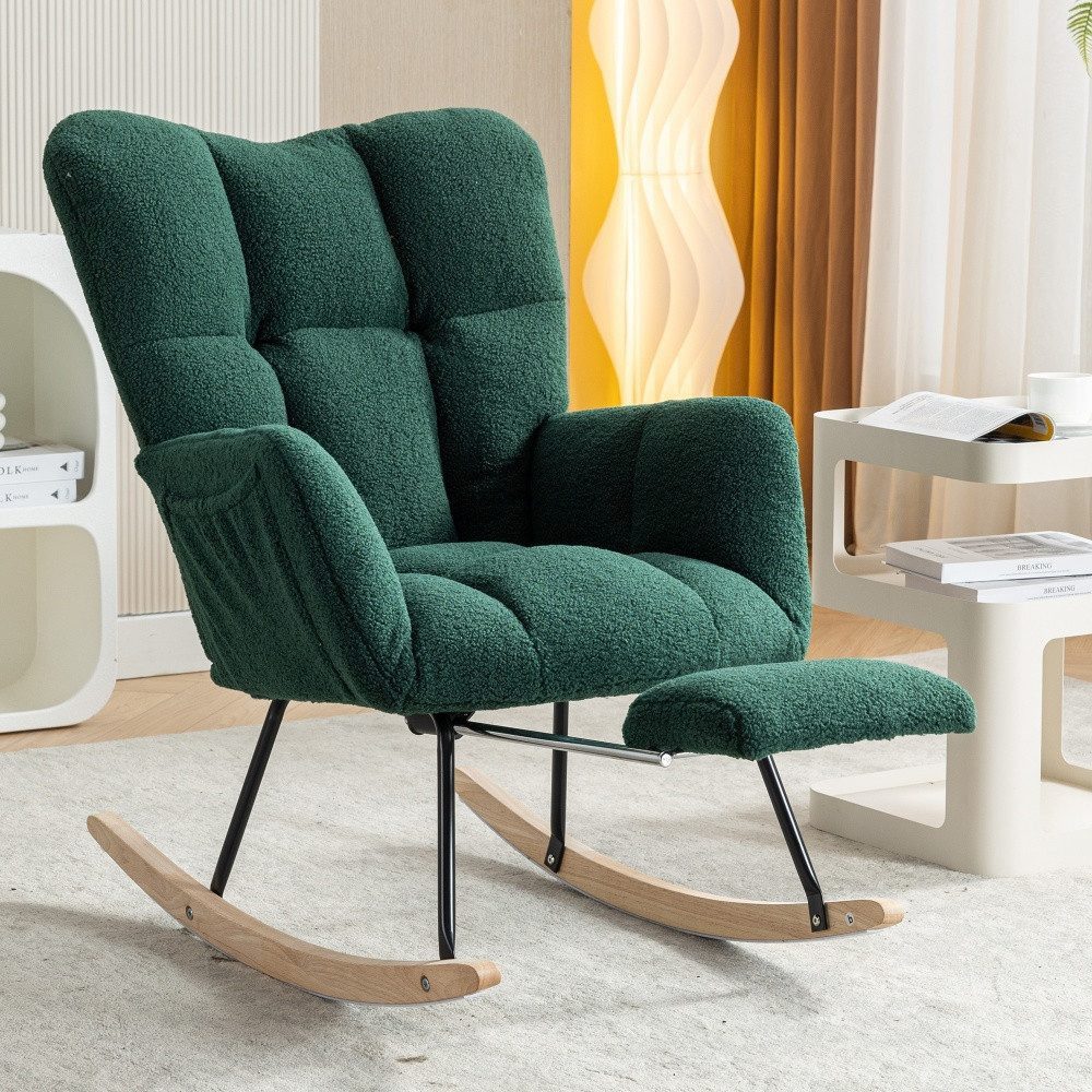 IDEASY Schaukelstuhl Gepolsterter Schaukelstuhl mit ausziehbarem Fußteil, Ohrensessel, Gepolstert, Teddy-Stoff, Holz-Schaukelbeine, ausziehbares Pedal