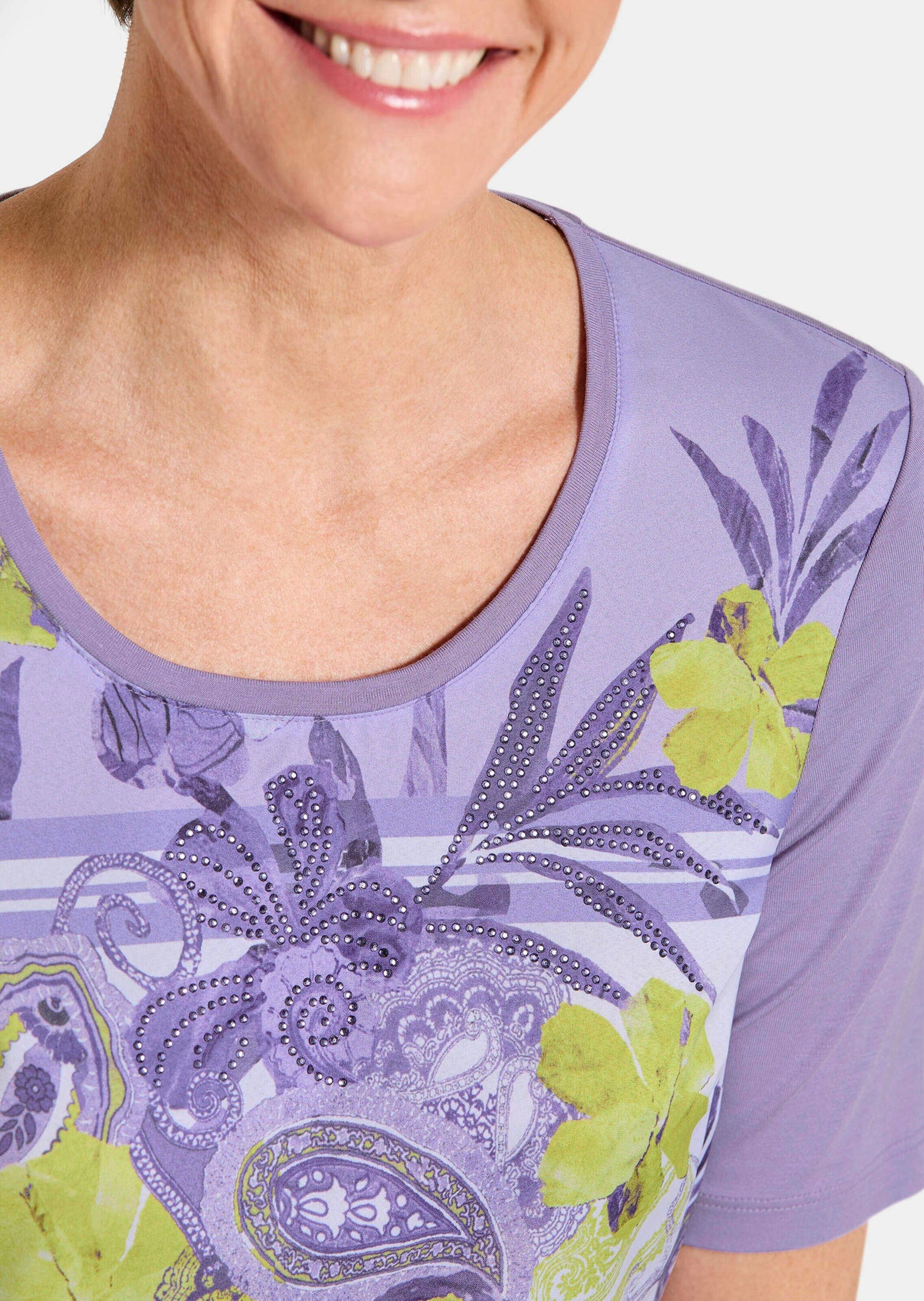 GOLDNER Shirtbluse Kurzgröße: Glanzshirt mit floralem Paisley-Muster Schlupfbluse mit Rundhals, Glitzersteinen und Halbarm