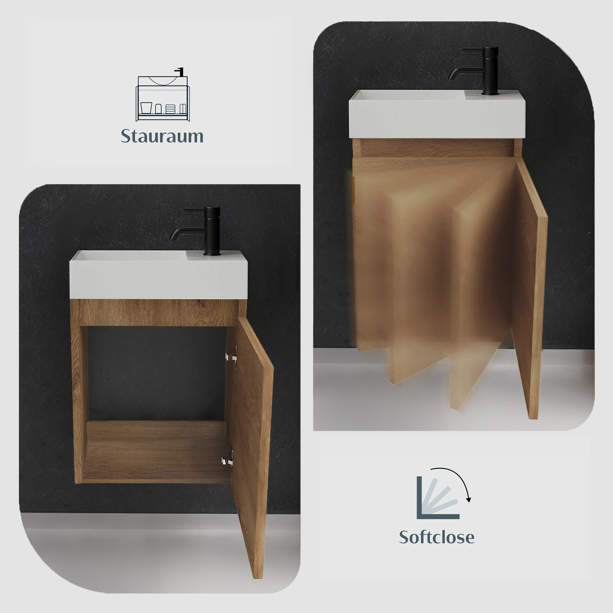 Alpenberger Badmöbel-Set Gäste WC Waschbecken mit Unterschrank - Badschrank Hängend, (Waschbeckenunterschrank mit Softclose, 2-tlg. Waschtisch Set Bamboo), Wasc – Bild 4 von 5